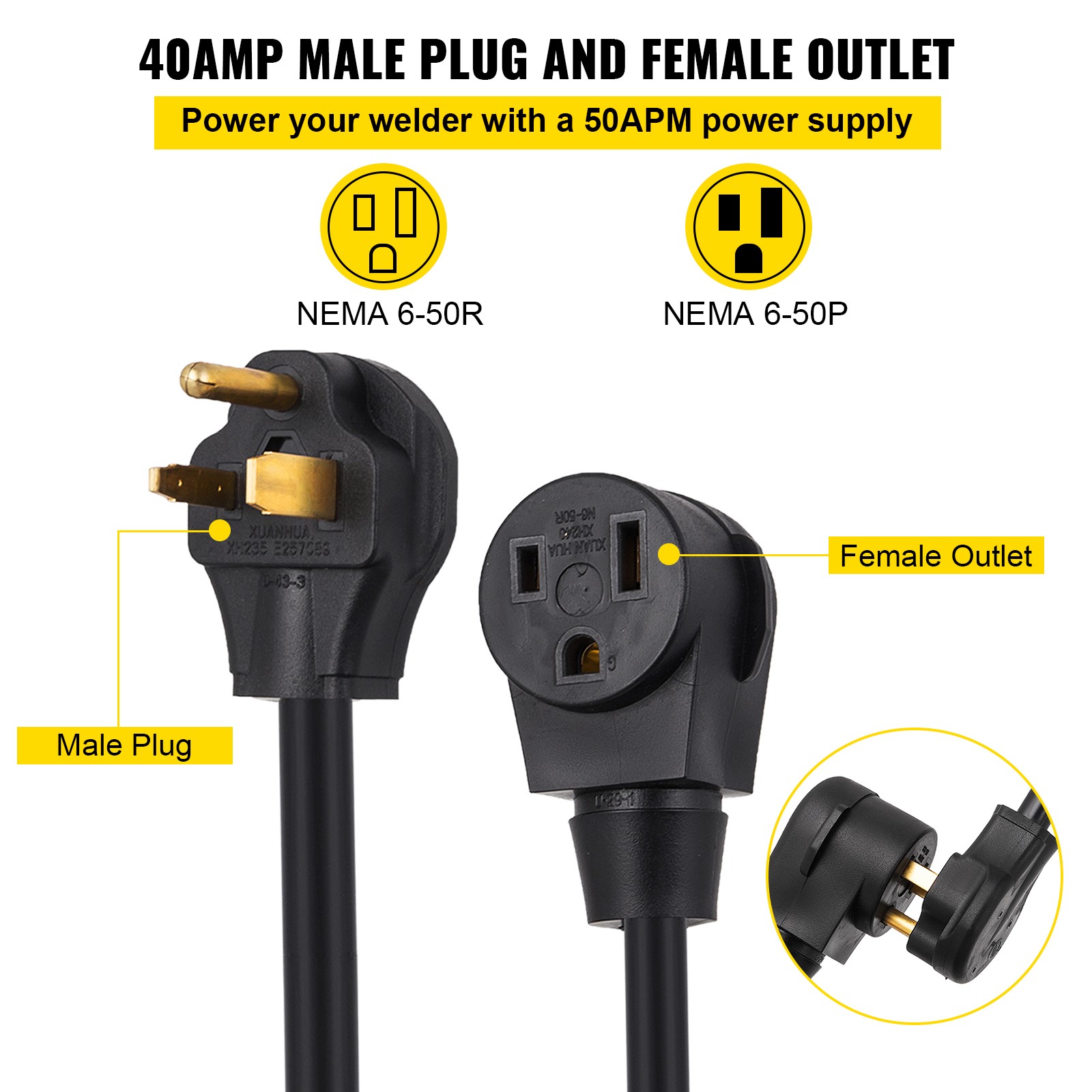 VEVOR 40A 50ft Welder Extension Cord NEMA6-50 8AWG Heavy Duty for MIG TIG Plasma