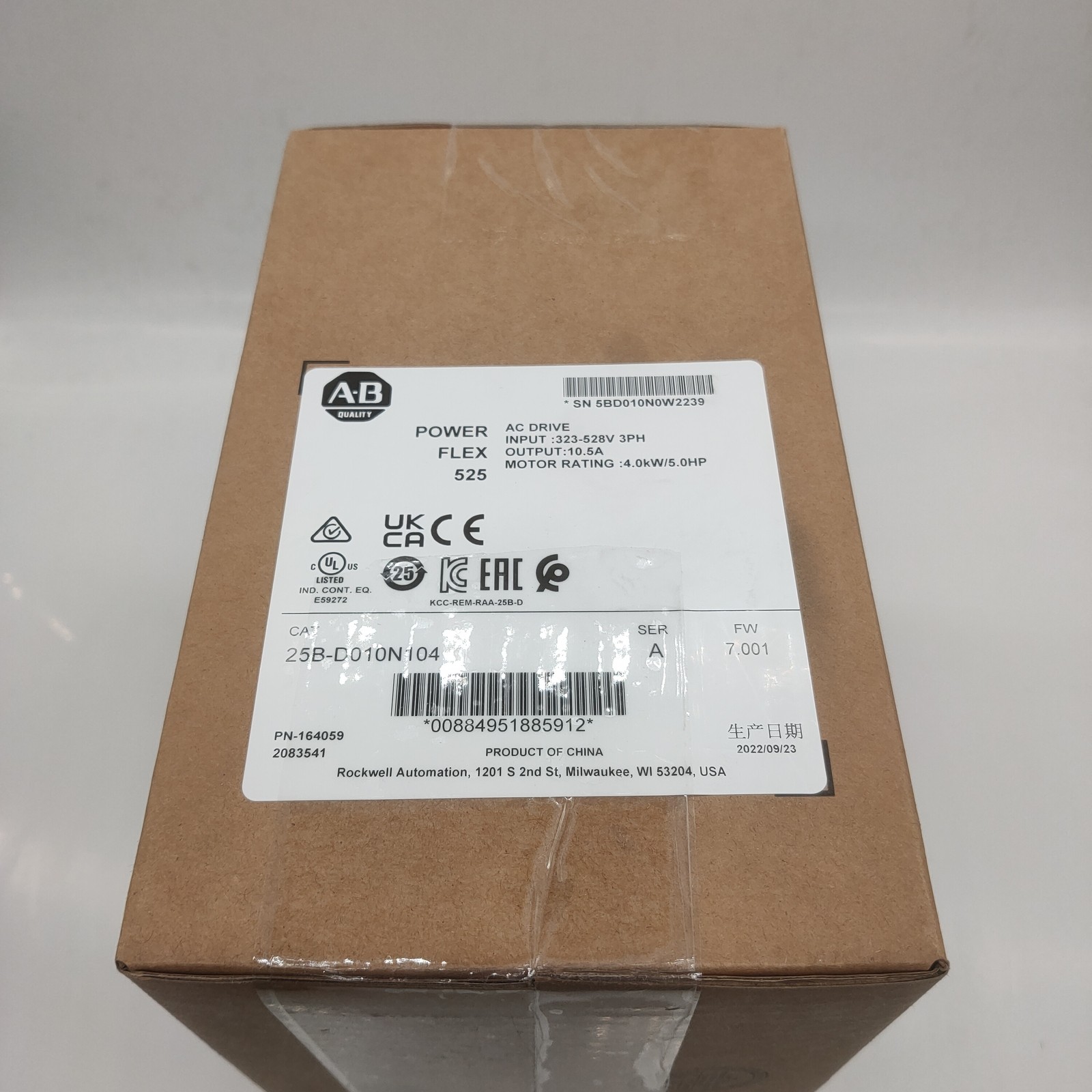 2022 New Factory Sealed AB 25B-D010N104 PowerFlex 525 4kW 5Hp AC Drive GOO