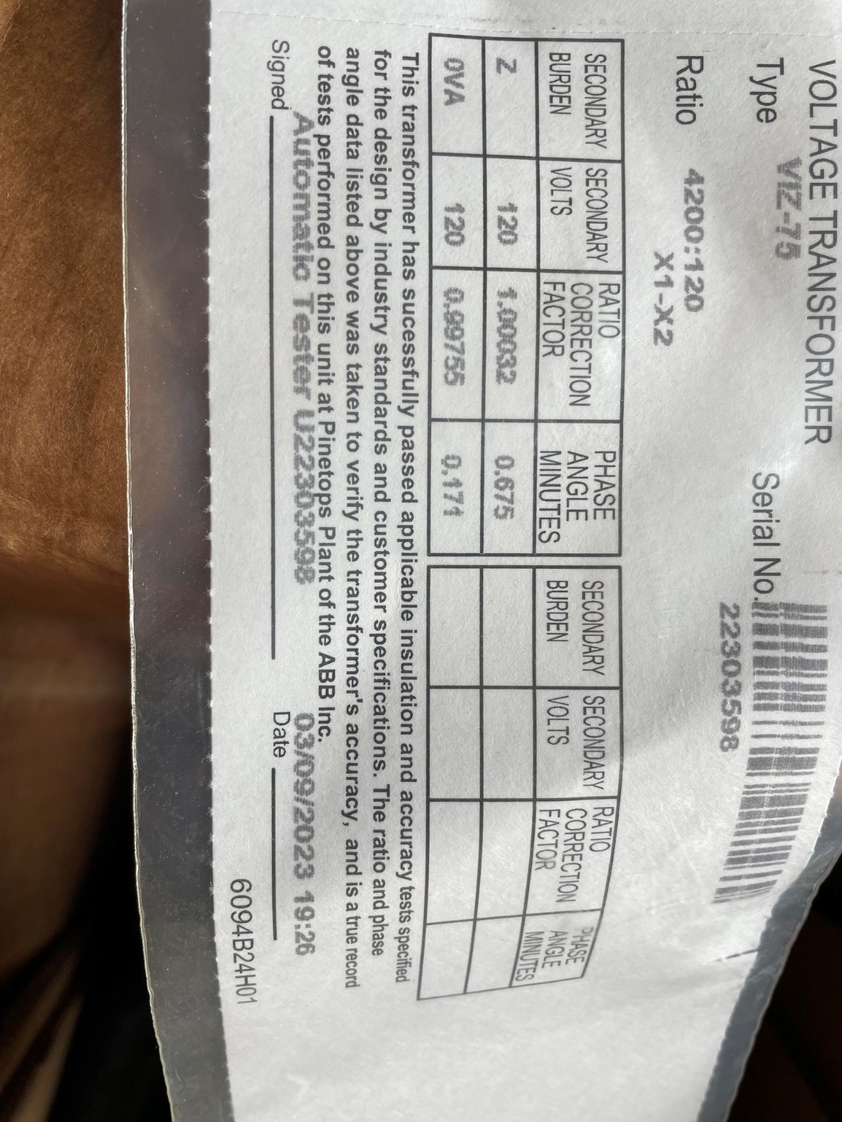ABB 7525A71G02 – VIZ-75 35:1 75KV/8.7KV 4200 TRANSFORMER