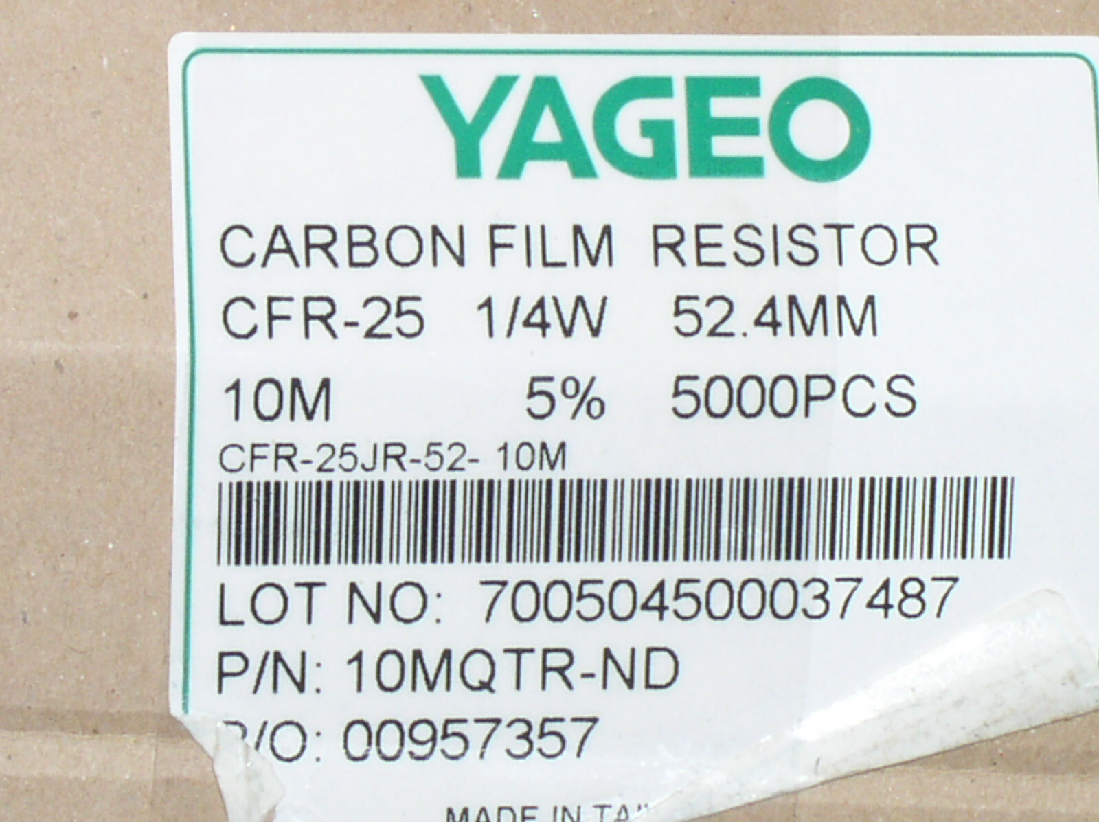 10 NEW 10M CARBON FILM CF 10 MEG OHM 1/4 W .25 W WATT 5% RESISTOR CFR-25JB-10M