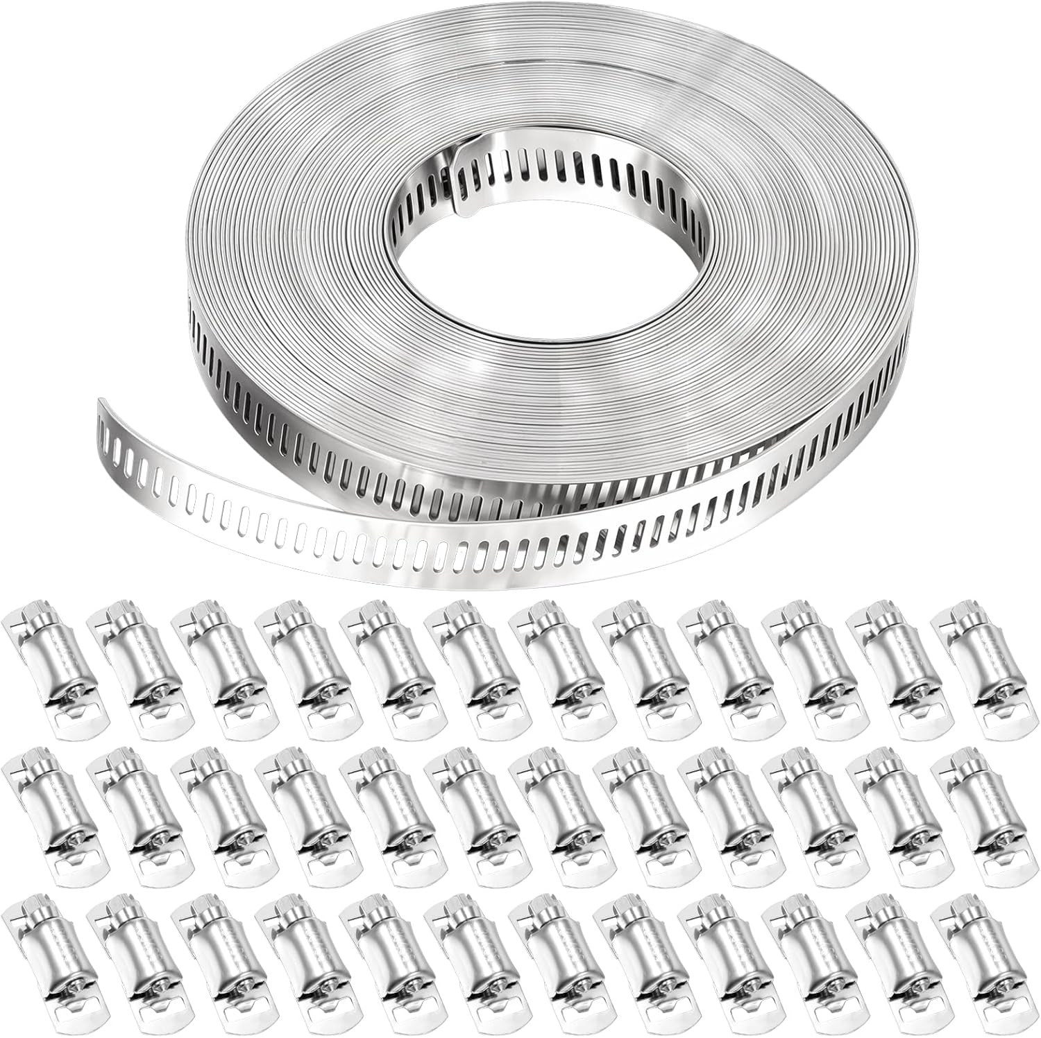 Hose Clamps 32.8FT Strap+30 Fasteners,Diy Cut-To-Fit 304 Stainless Steel