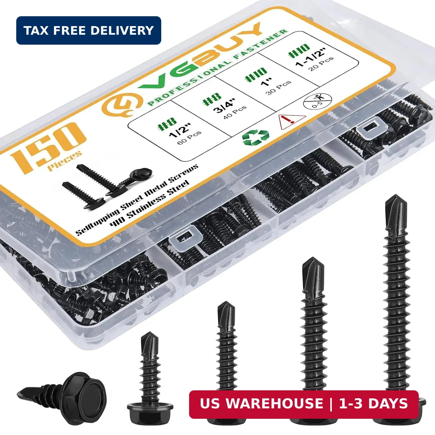 150Pcs Self Drilling Screws Assortment Kit, 410 Stainless Steel Self Tappi