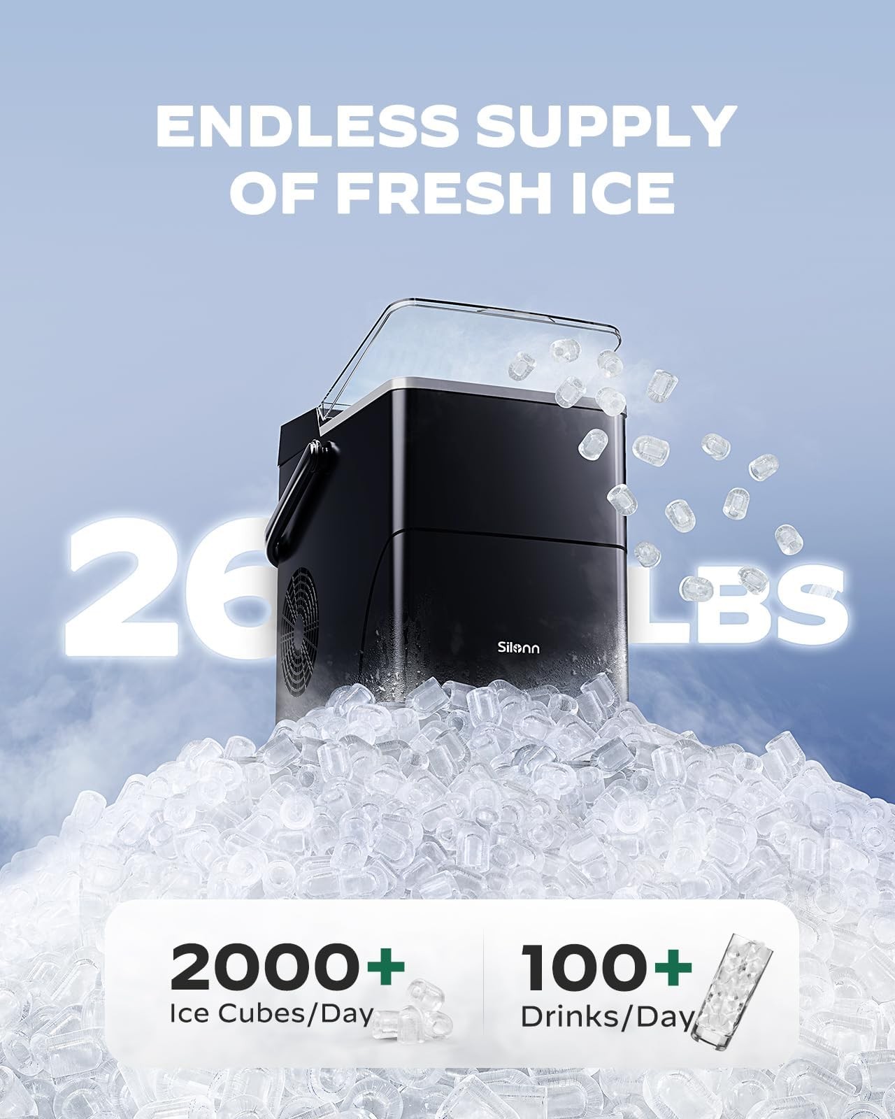 Countertop Ice Maker 2.5L Expandable Basket 26.5lbs/24H 9 Cubes 2 Sizes