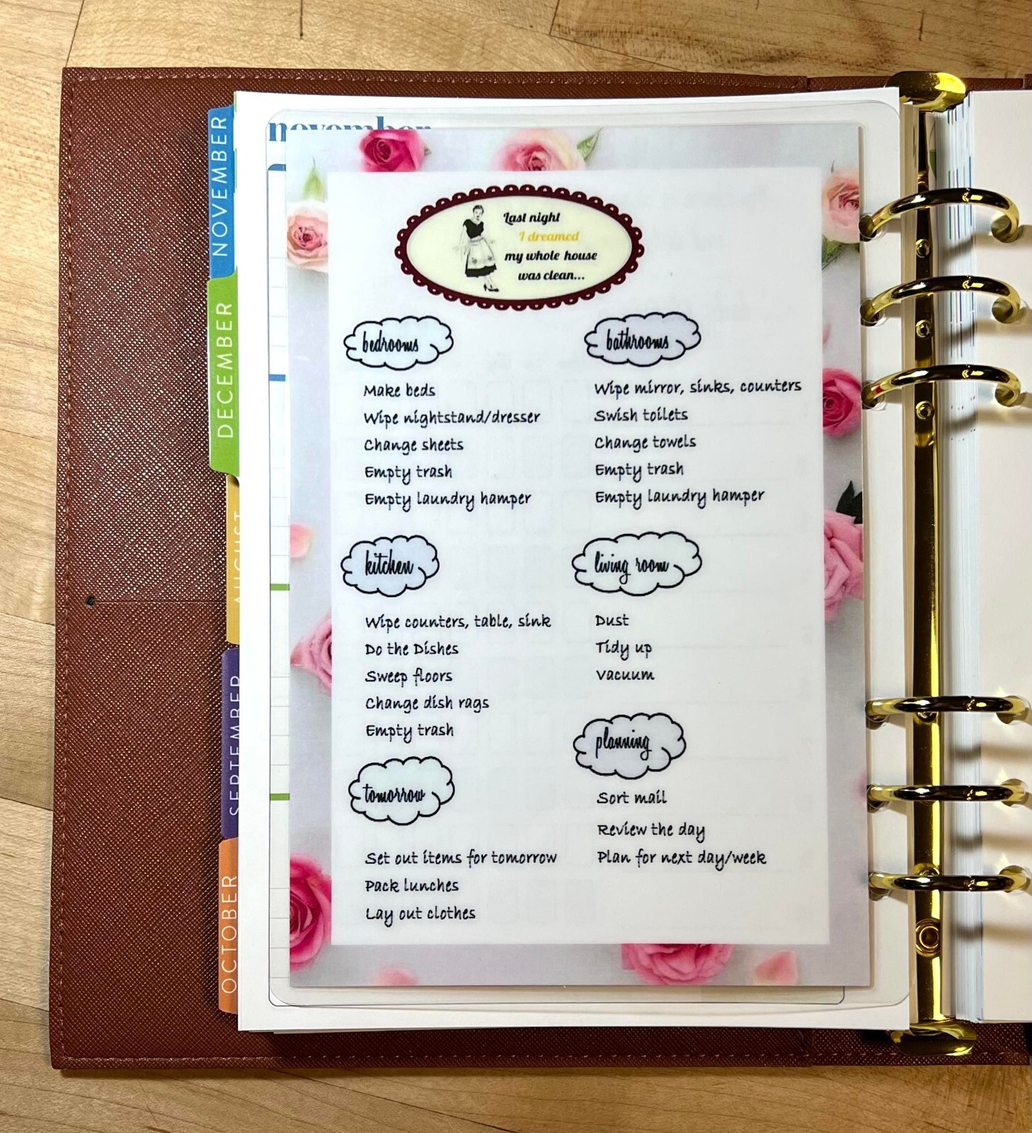 Daily Chores Cleaning Dashboard Insert 4 use with ErinCondren A5 Ring Agenda
