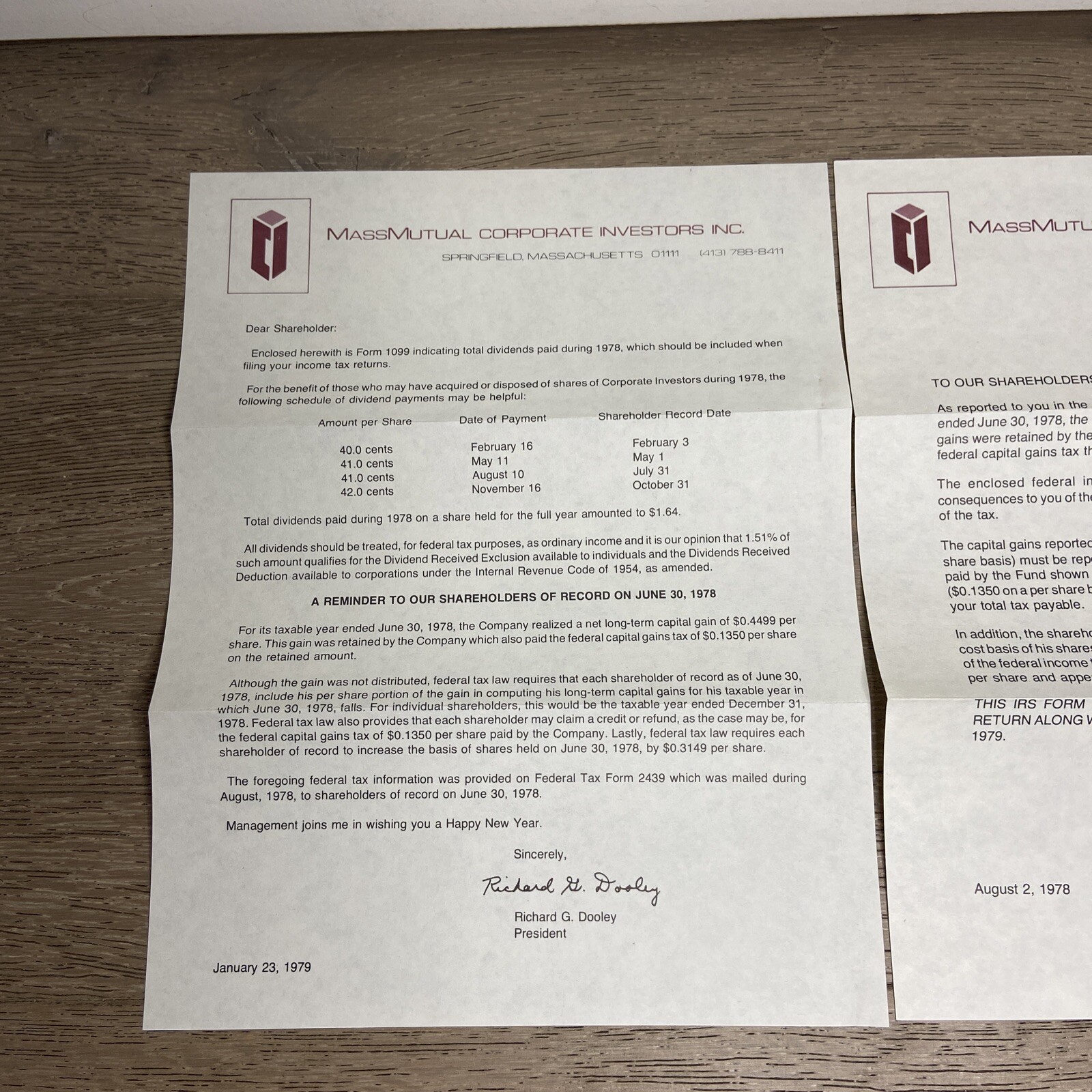 MassMutual Stock 1978 Quarterly Dividend Stock Report Letter & 1099 Notice
