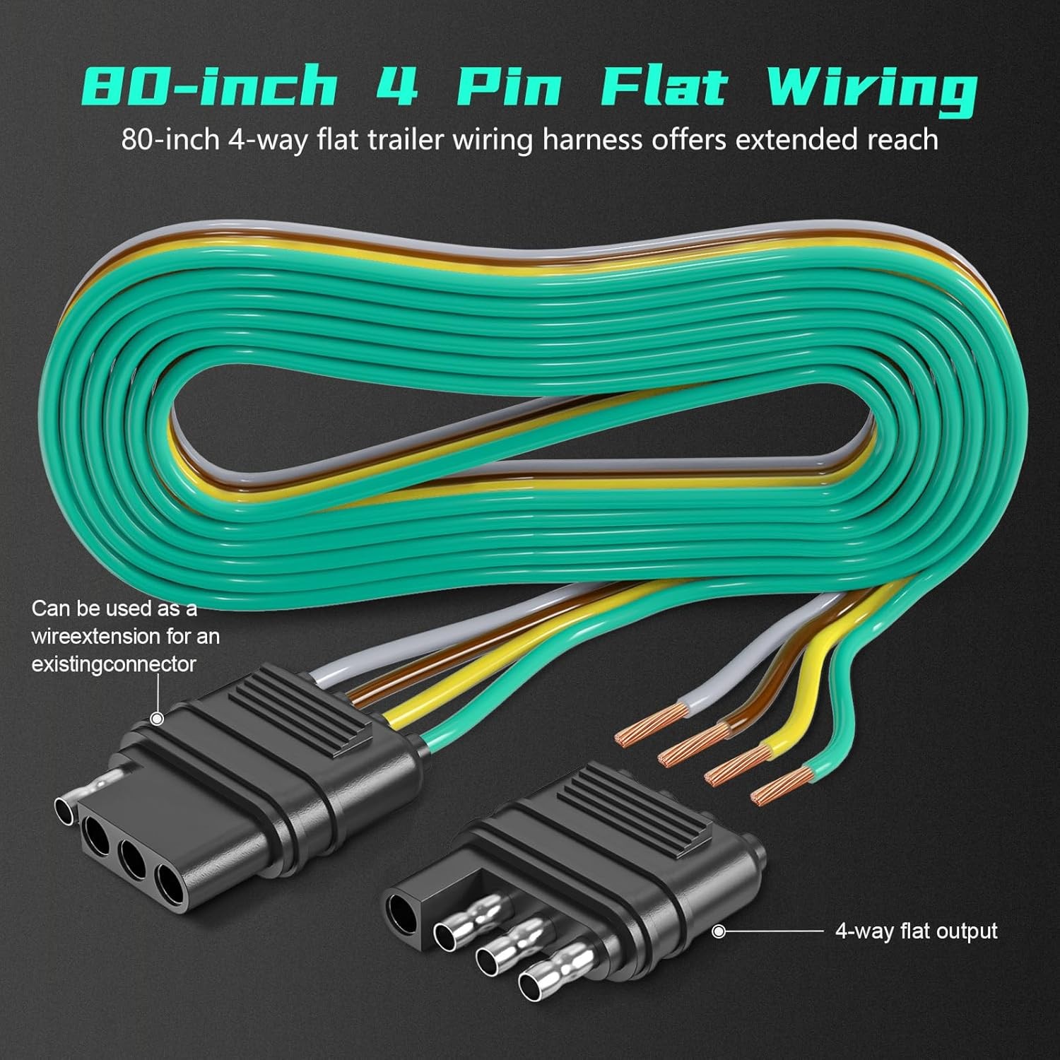 4 Pin Trailer Connector Harness Extension 80 Inch, 16AWG 4 Way Trailer Plug Flat