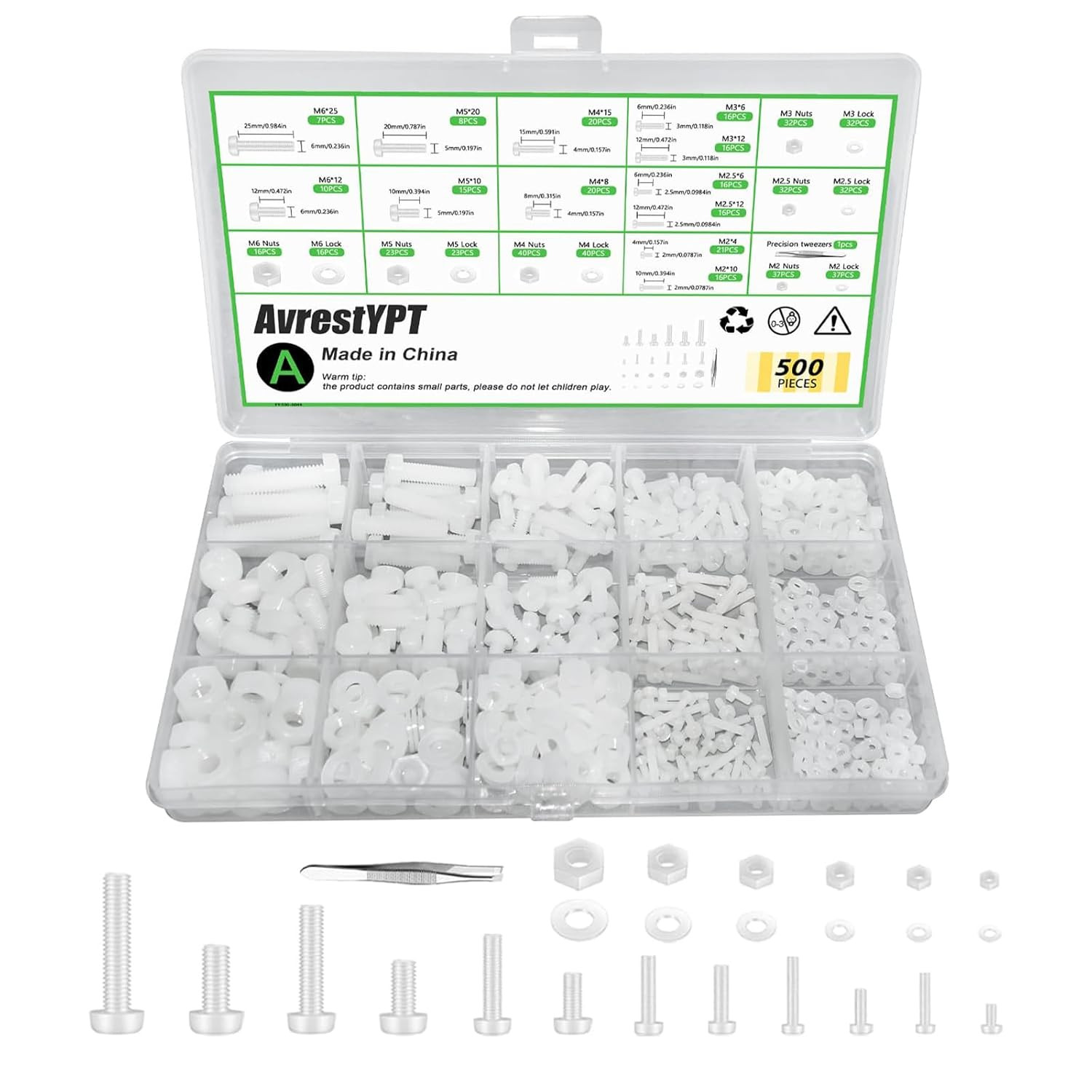 500 Pcs White Nylon Plastic Pan round Head Screws Bolts and Nuts and Gaskets