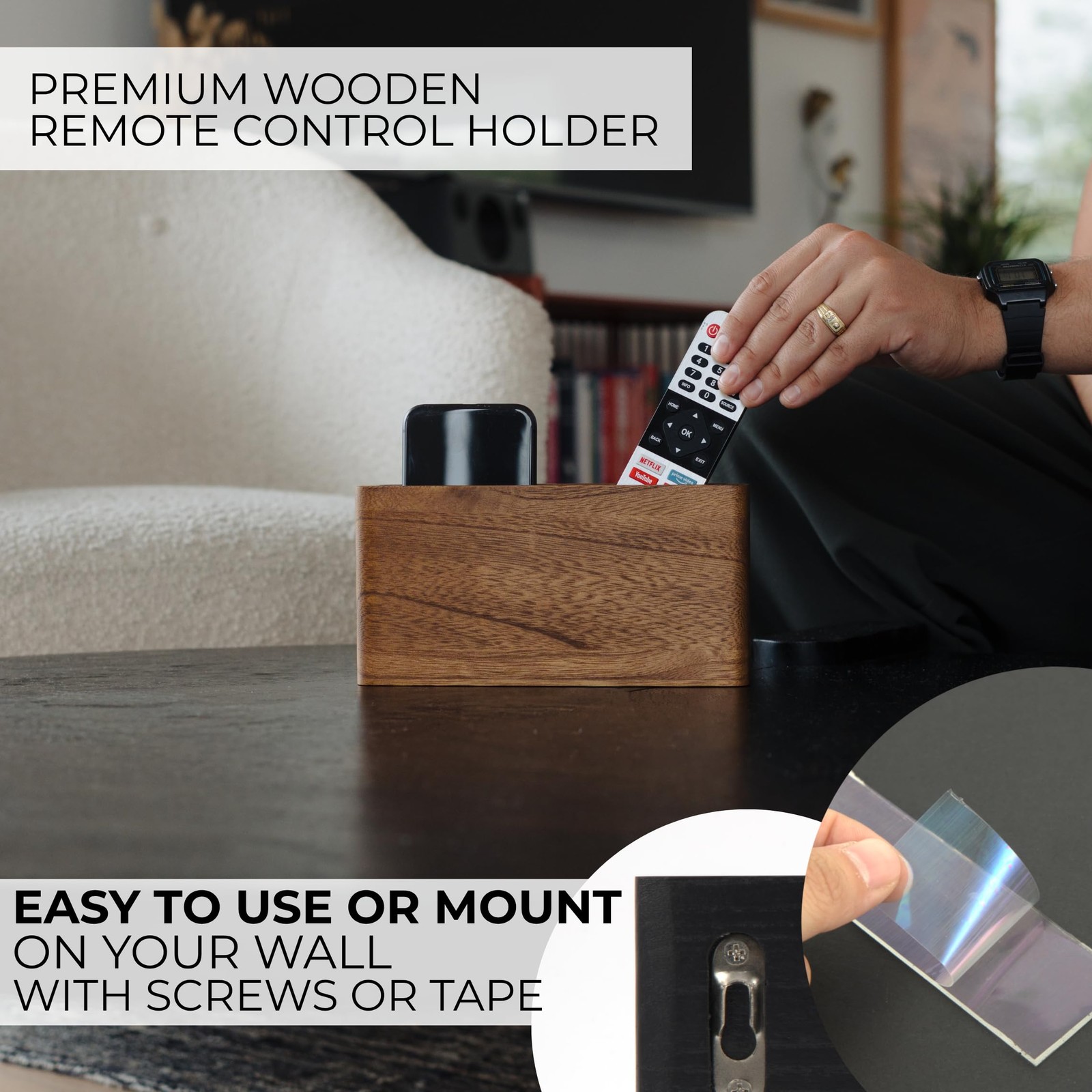 Premium Wooden Remote Control Holder – Easy Install Adhesive Wall Mount Caddy…