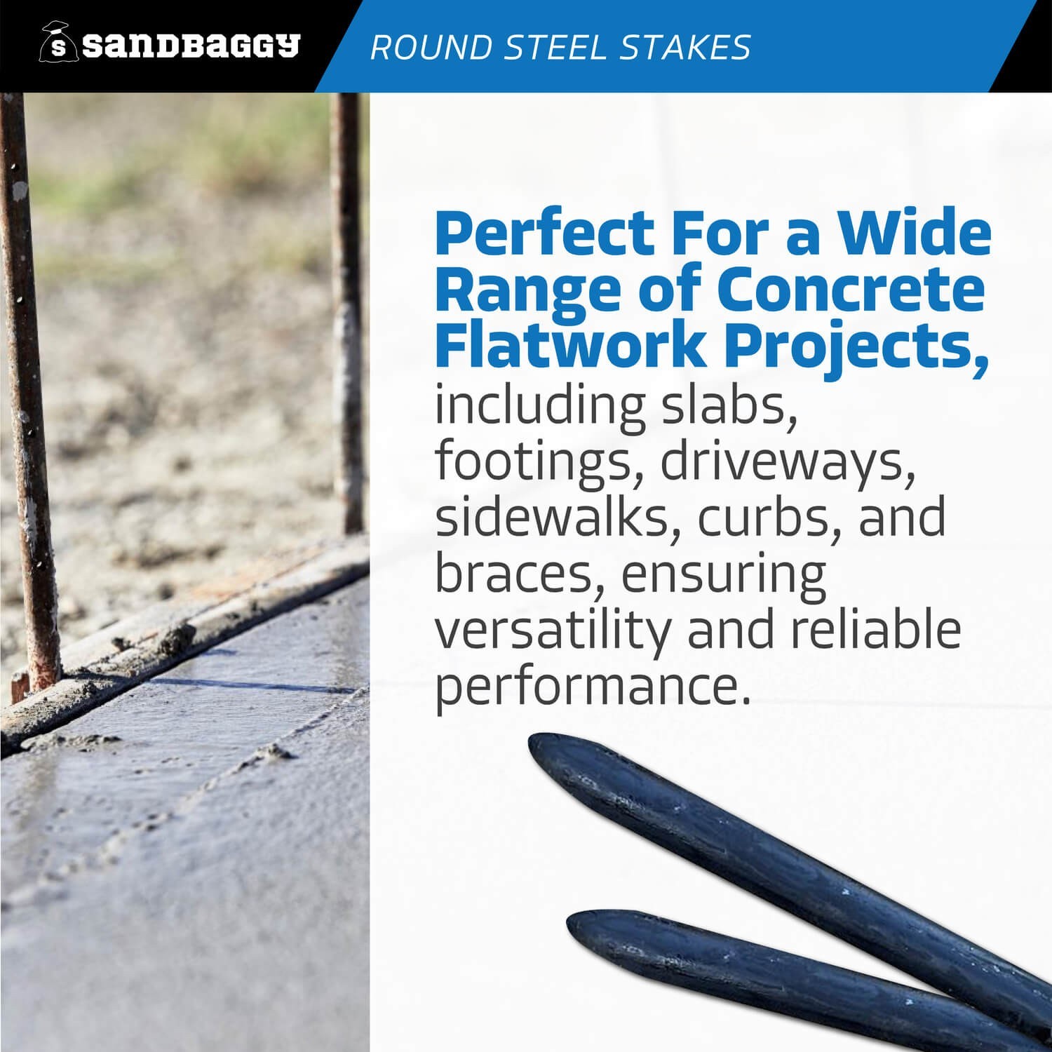 18″ Round Steel Concrete Form Stakes with Nail Holes – USA Made – Sandbaggy