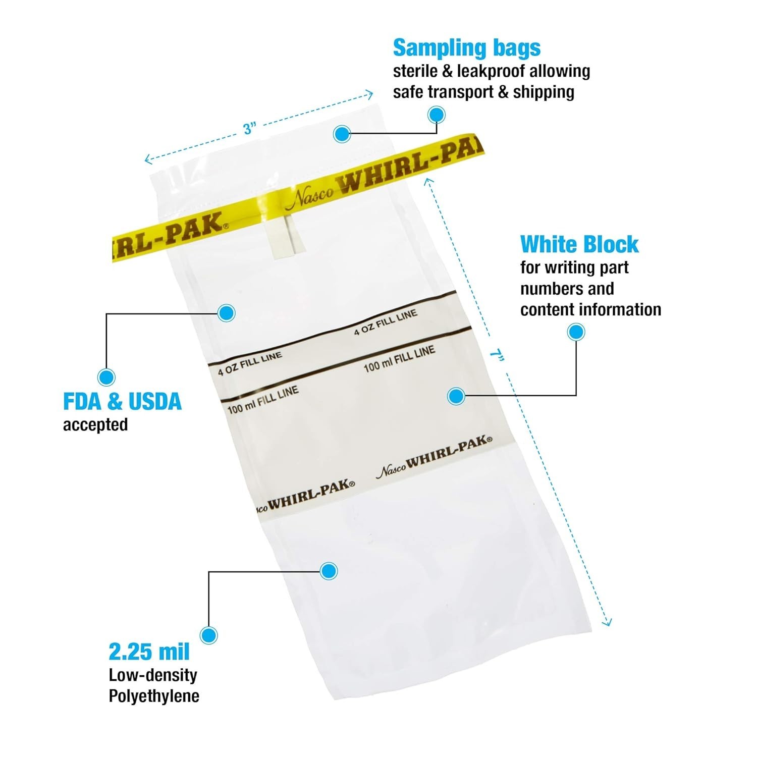 Nasco Whirl-Pak Sample Bag – B01062-4oz/118mL Write-On – Box of 500