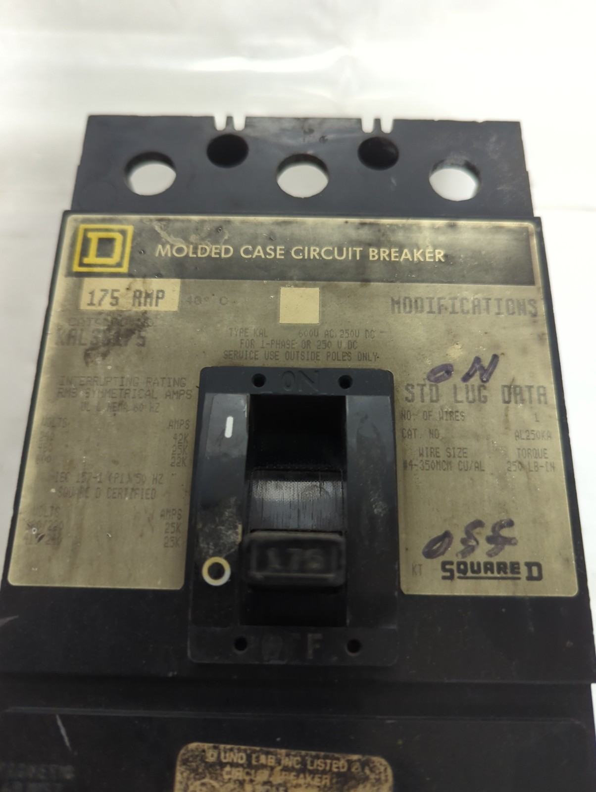 SQUARE D,KAL36175,CIRCUIT BREAKER 3-POLE 175 AMP PRE-OWNED