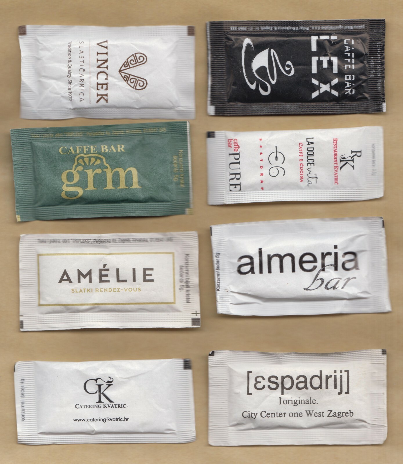 Set of 8 Different Unused Coffee & Tea Sugar Packets Bags from ZAGREB, Croatia