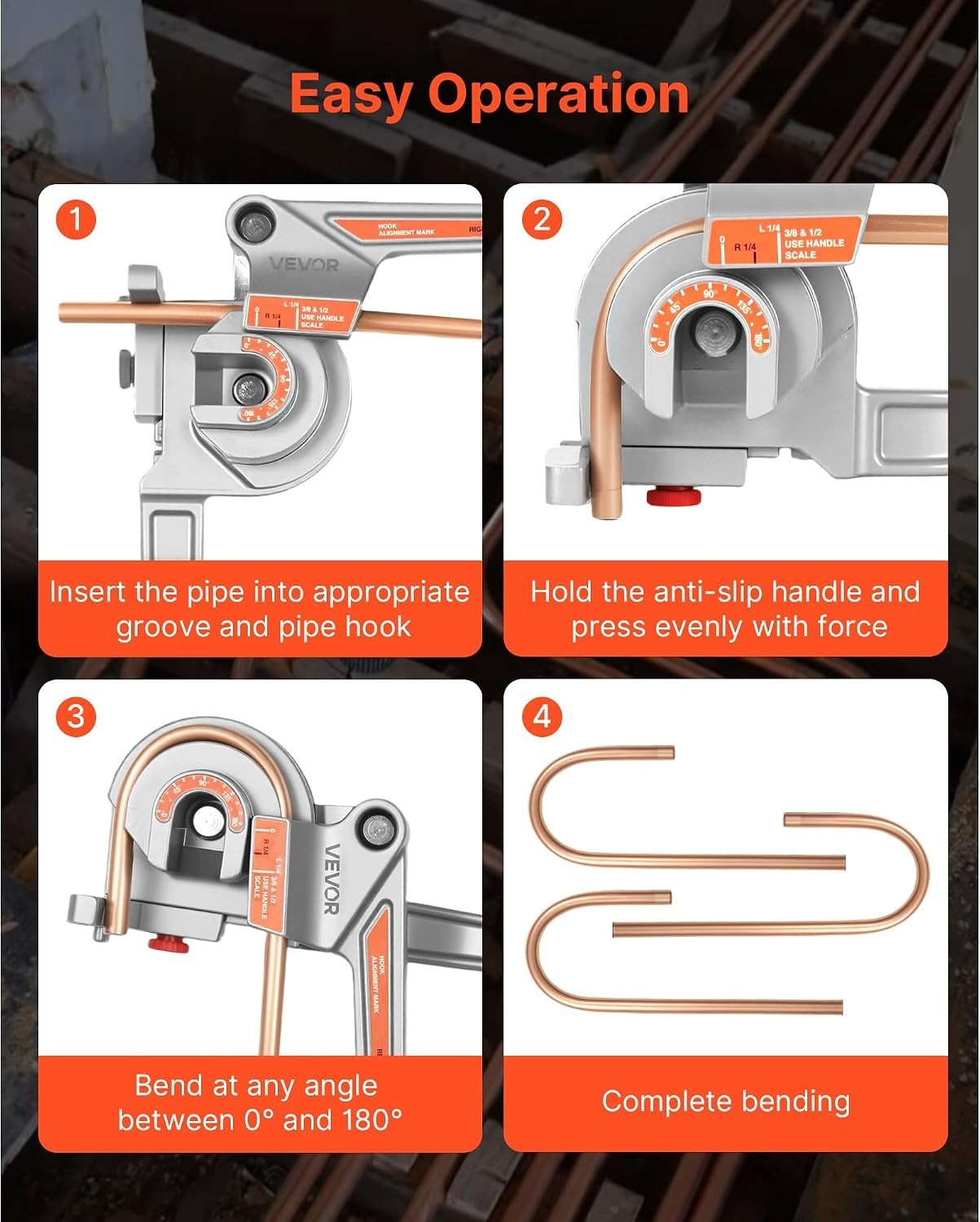 Lightweight 180° Hand-Powered Pipe Tube Bender – 1/4″, 3/8″, 1/2″ Compatibility