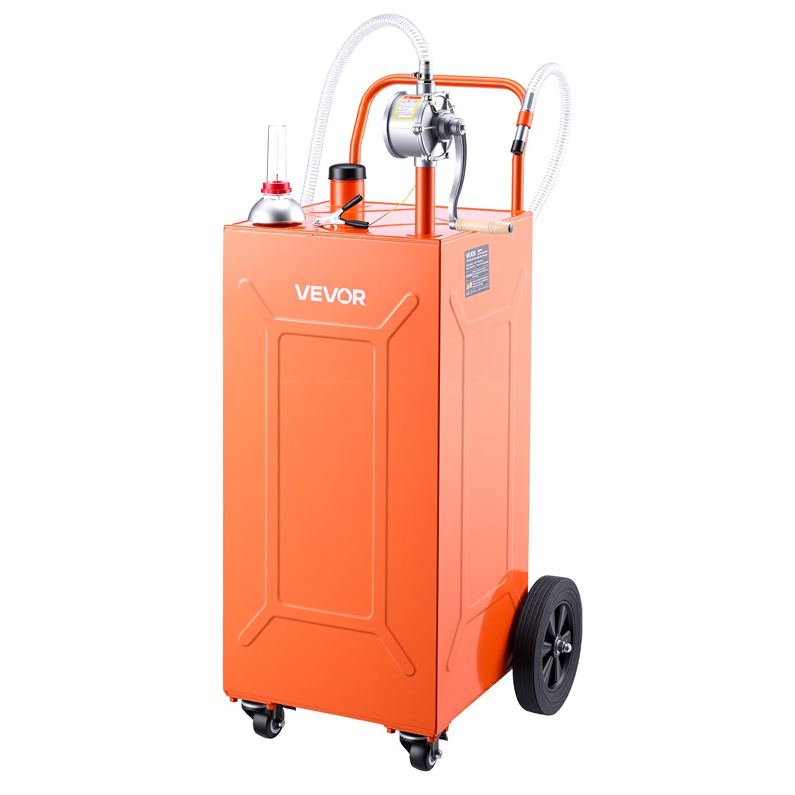VEVOR 35 Gal Fuel Gas Caddy Portable Storage Tank Manual Pump 4 Wheels Orange