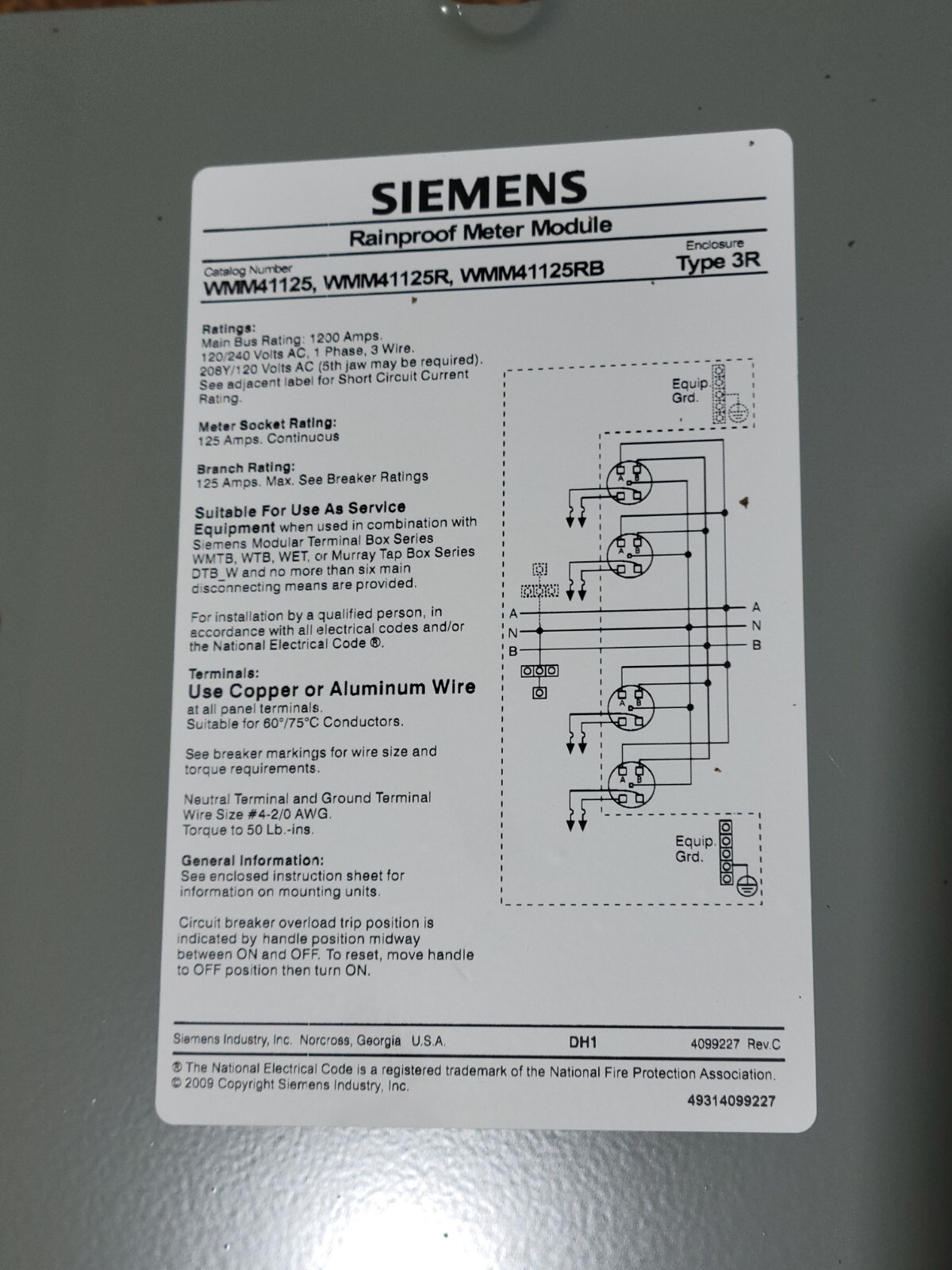 Siemens WMM41125 Power Mod Modular Metering System Meter Stack 125 A 240 VAC