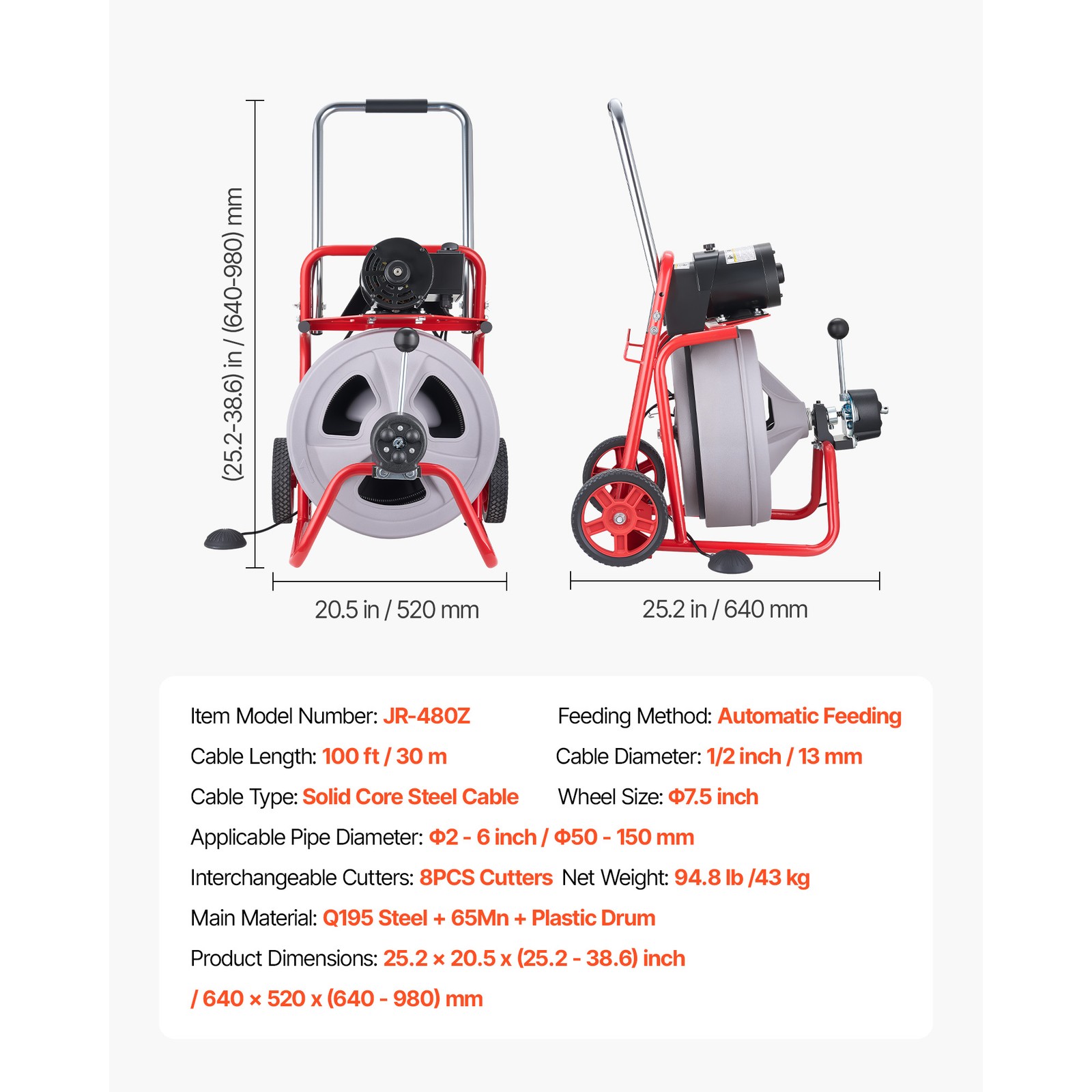 VEVOR Drain Cleaner Machine 100FT x 1/2 Inch Auto Feed with Wheels & 8 Cutters