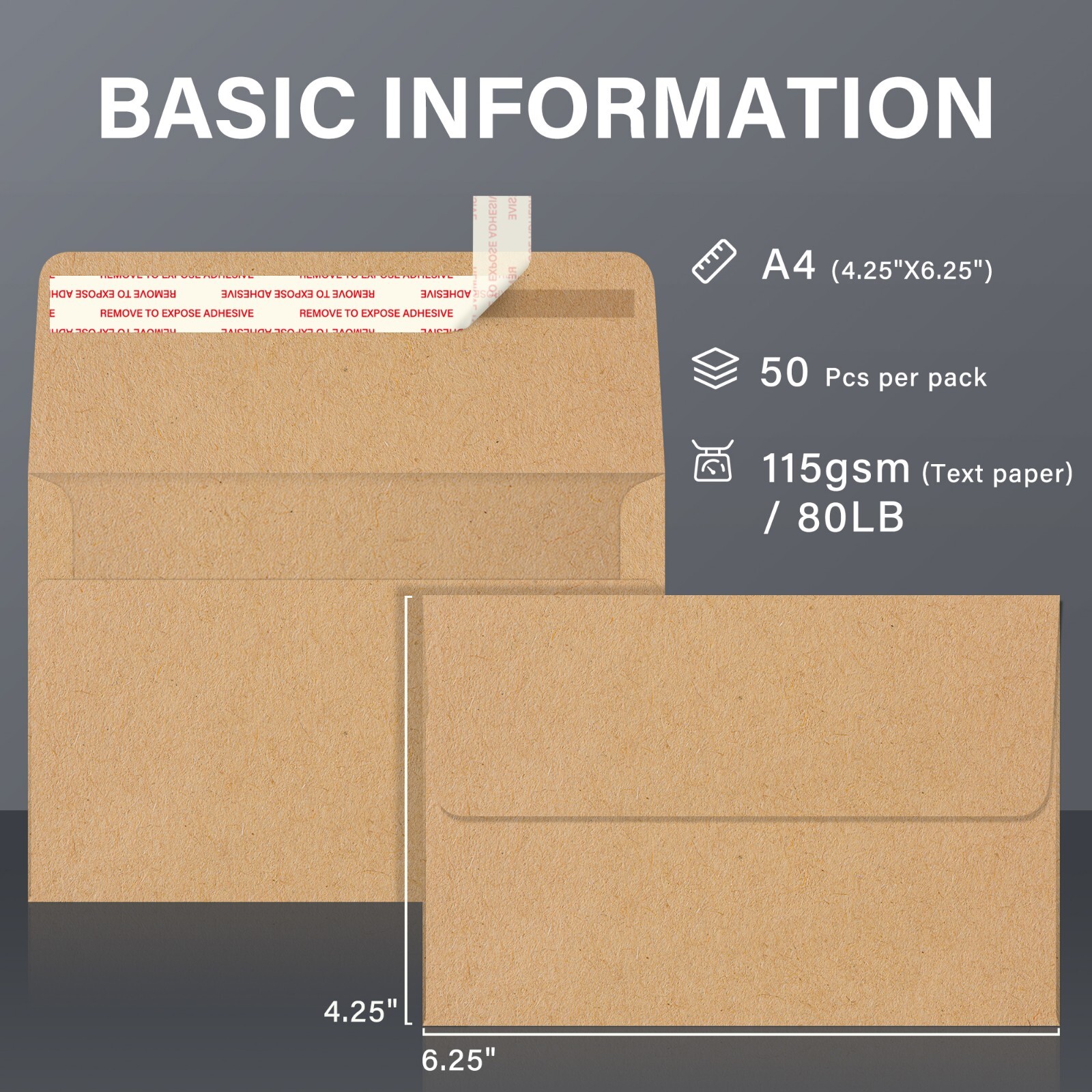 300PK Brown Kraft Envelopes 4×6 Self Seal Invitation Envelope A4 4.25×6.25″ 115g