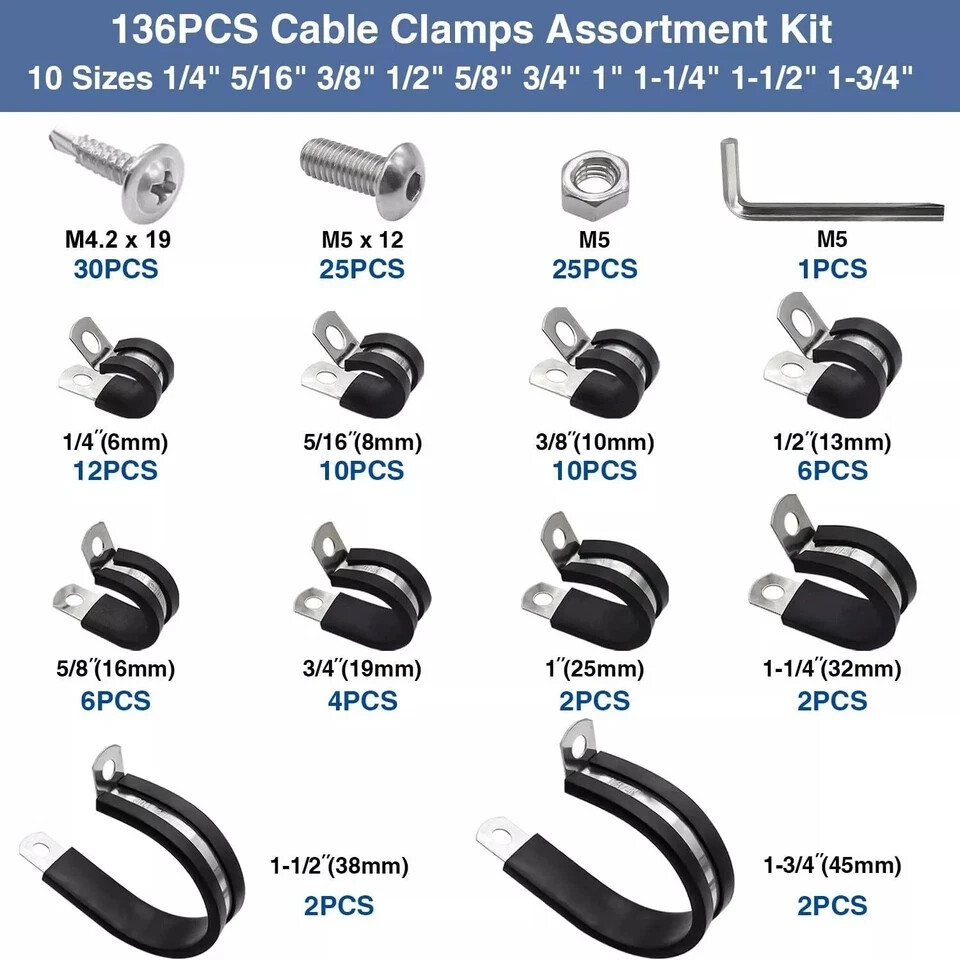 136PCS Cable Clamps Assortment Kit,10 Sizes 304 Stainless Steel Rubber Cushion