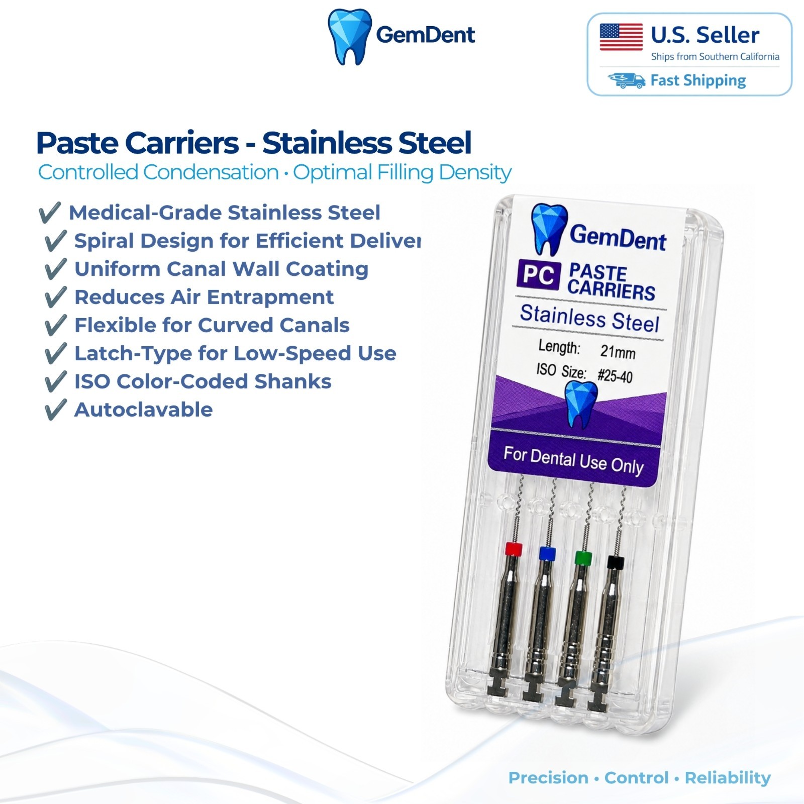 GemDent Lentulo Paste Carriers Stainless Steel Endo Root Canal 21/25mm 4pcs/pack