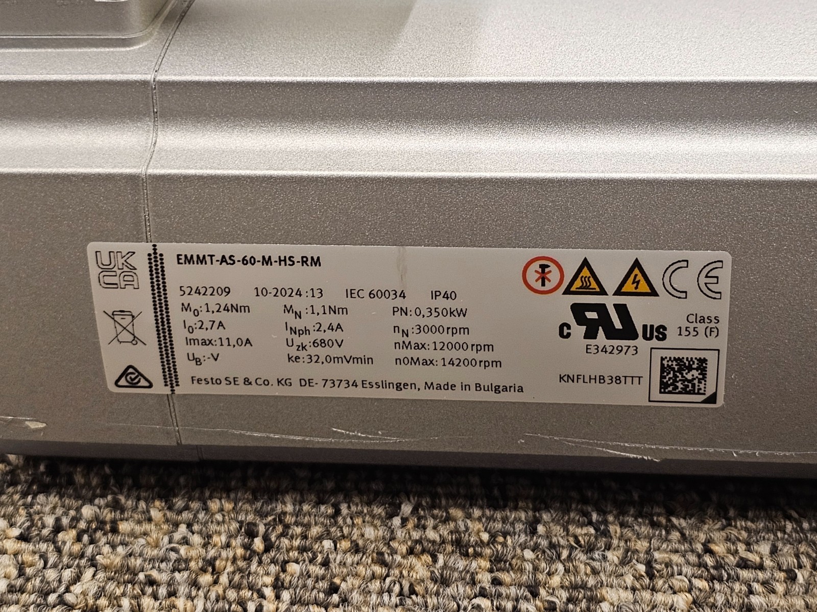 FESTO EMMT-AS-60-M-HS-RM Servo Motor 5242209 KNFLHB38TTT IP40 IEC 60034