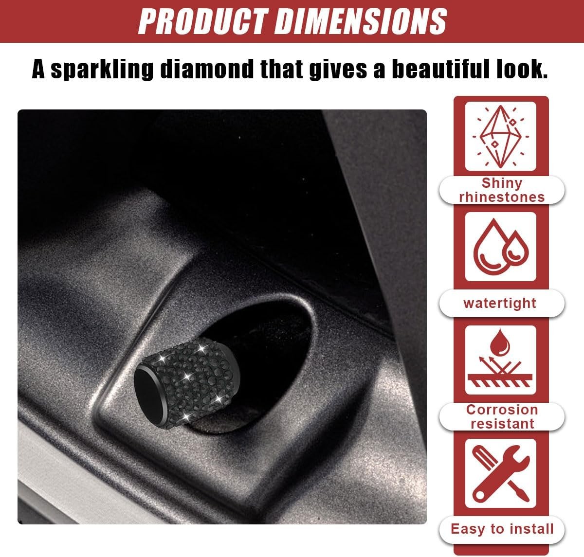 4PCS Handmade Bling Crystal Diamond Tire Valve Caps – Shiny Rhine Color: Black