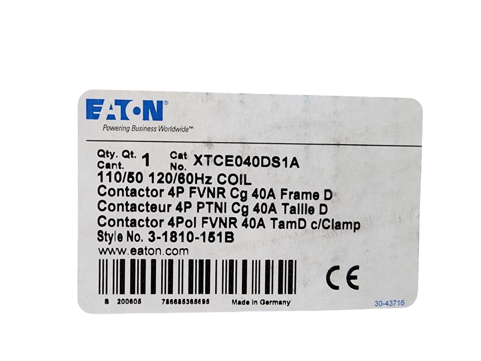 Eaton 40A IEC Contactor XTCE040DS1A Side-Mounted 110/120V 3P Screw Terminal FVNR
