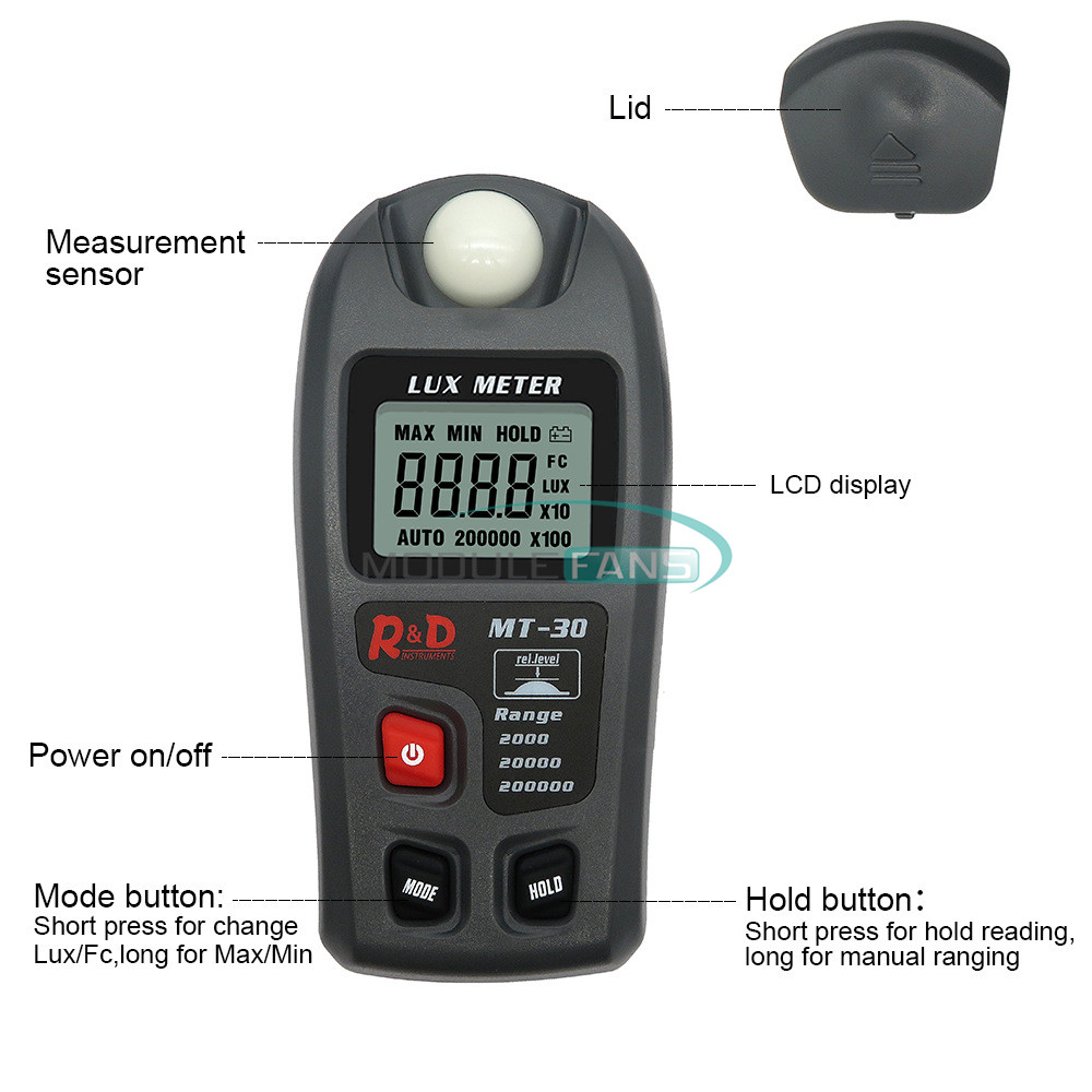 Lux Meter 0~200,000lux Range Light Meter Illuminometer lux/fc Photometer Tester