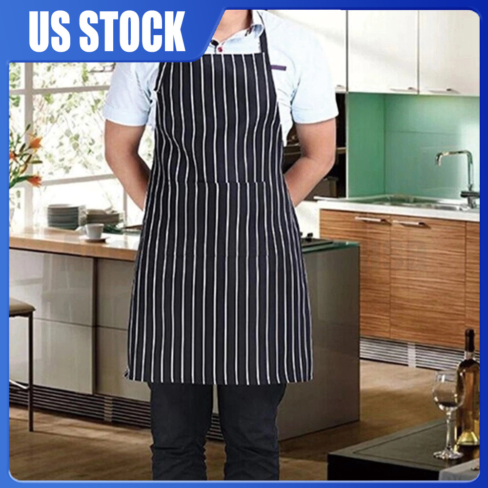 1Pc Kitchen Aprons Striped Cooking Chef Adjustable Bib Apron with 2 Pockets