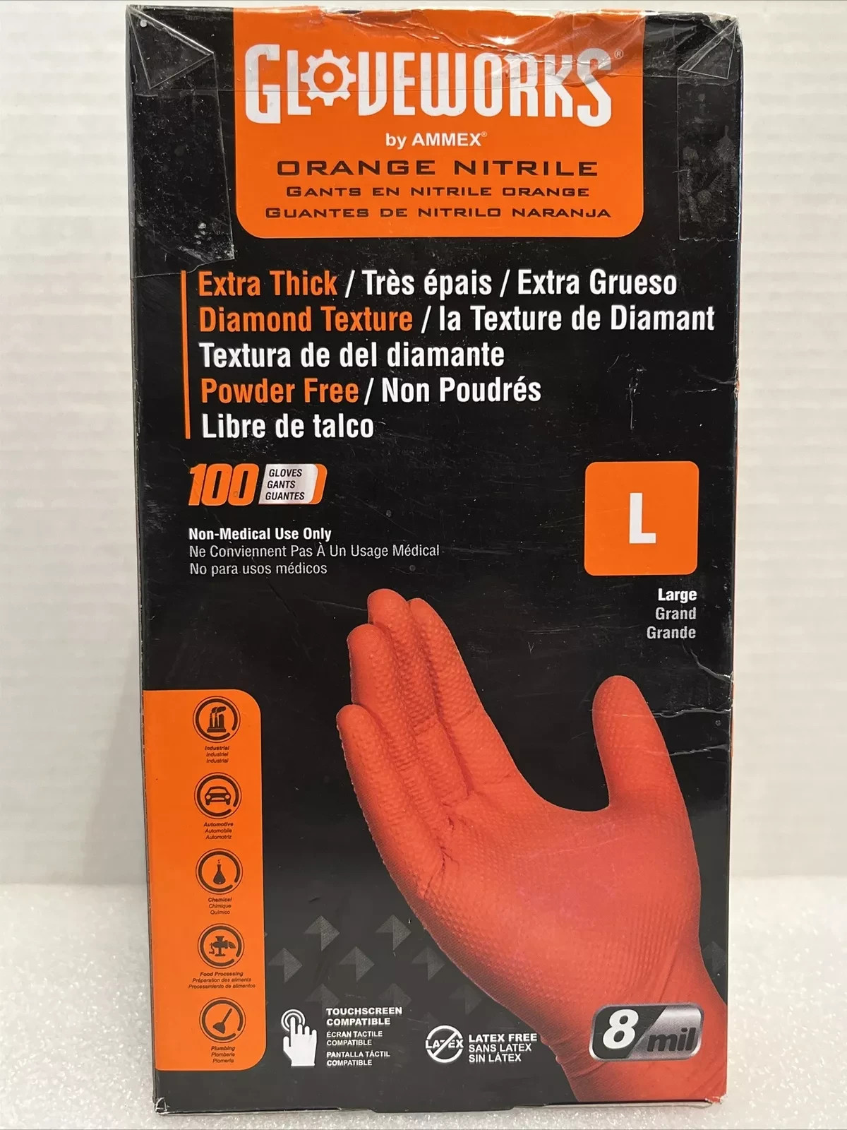 *10 pack* Lg Heavy Duty Orange Nitrile Gloves with Raised Diamond Texture, 8-mil