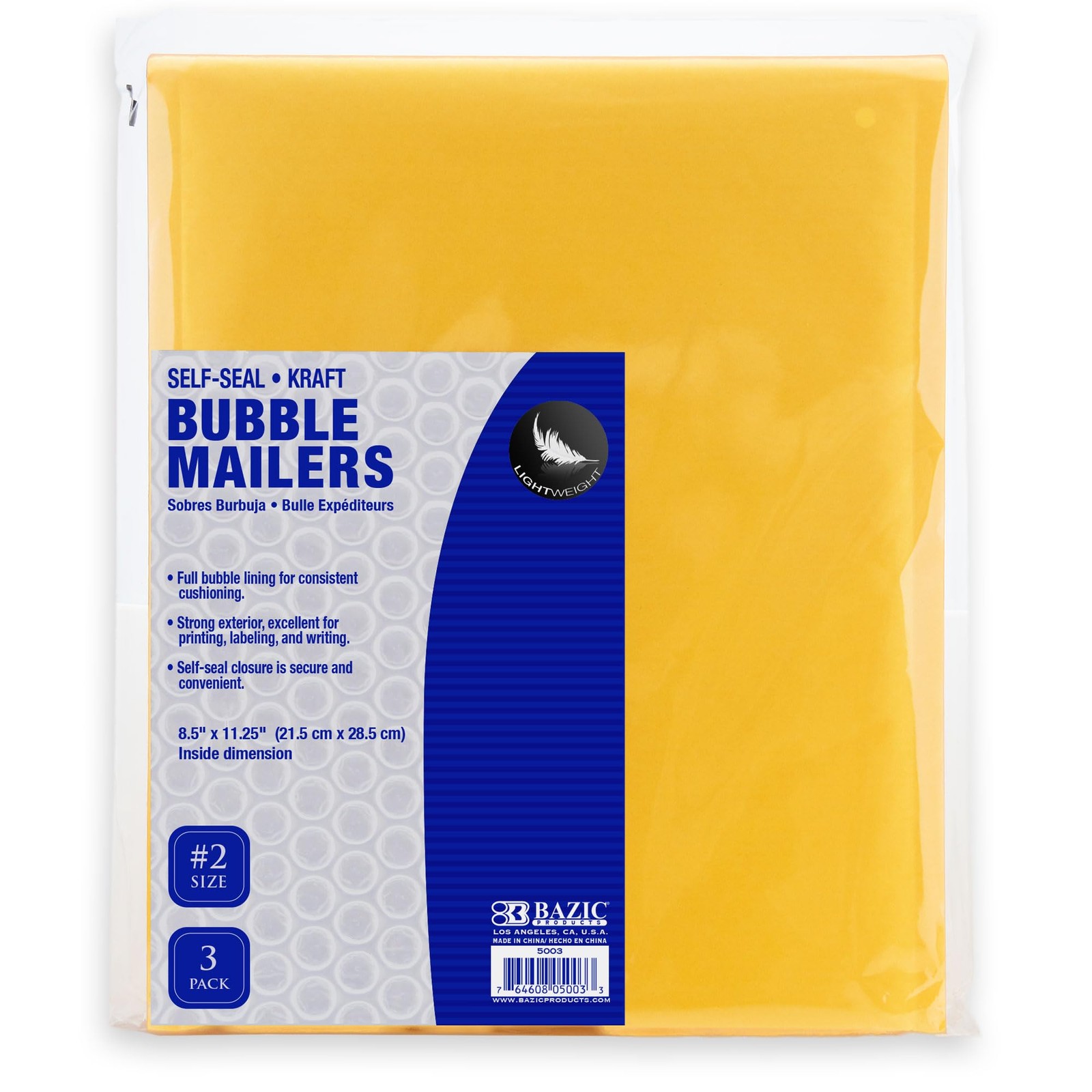 BAZIC (#2) Self Sealing Bubble Mailers, 8.5 x 11.25 Inch, 3 Per 1, Yellow
