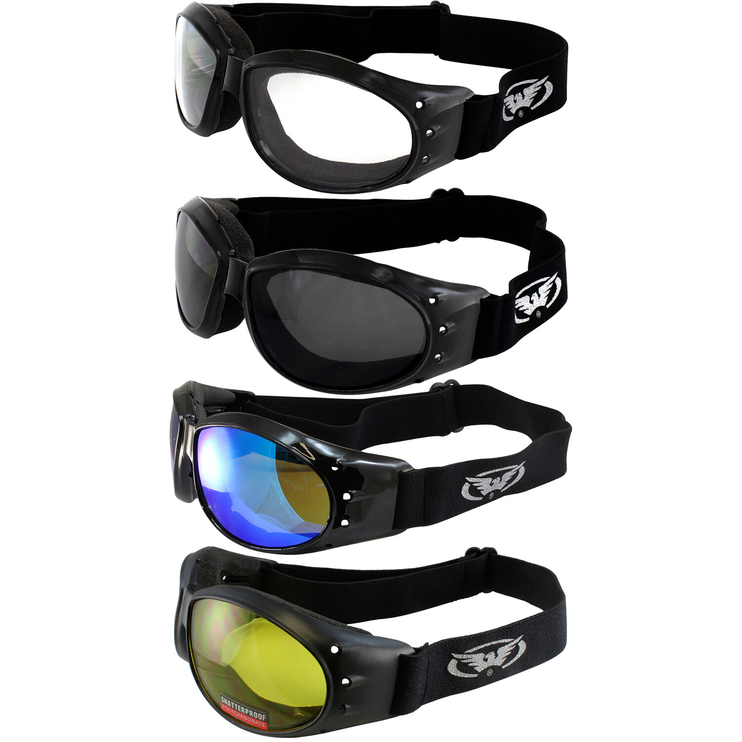 4 Pairs of Global Vision Eliminator Goggles Black Clear Smoke Yellow & Blue Lens