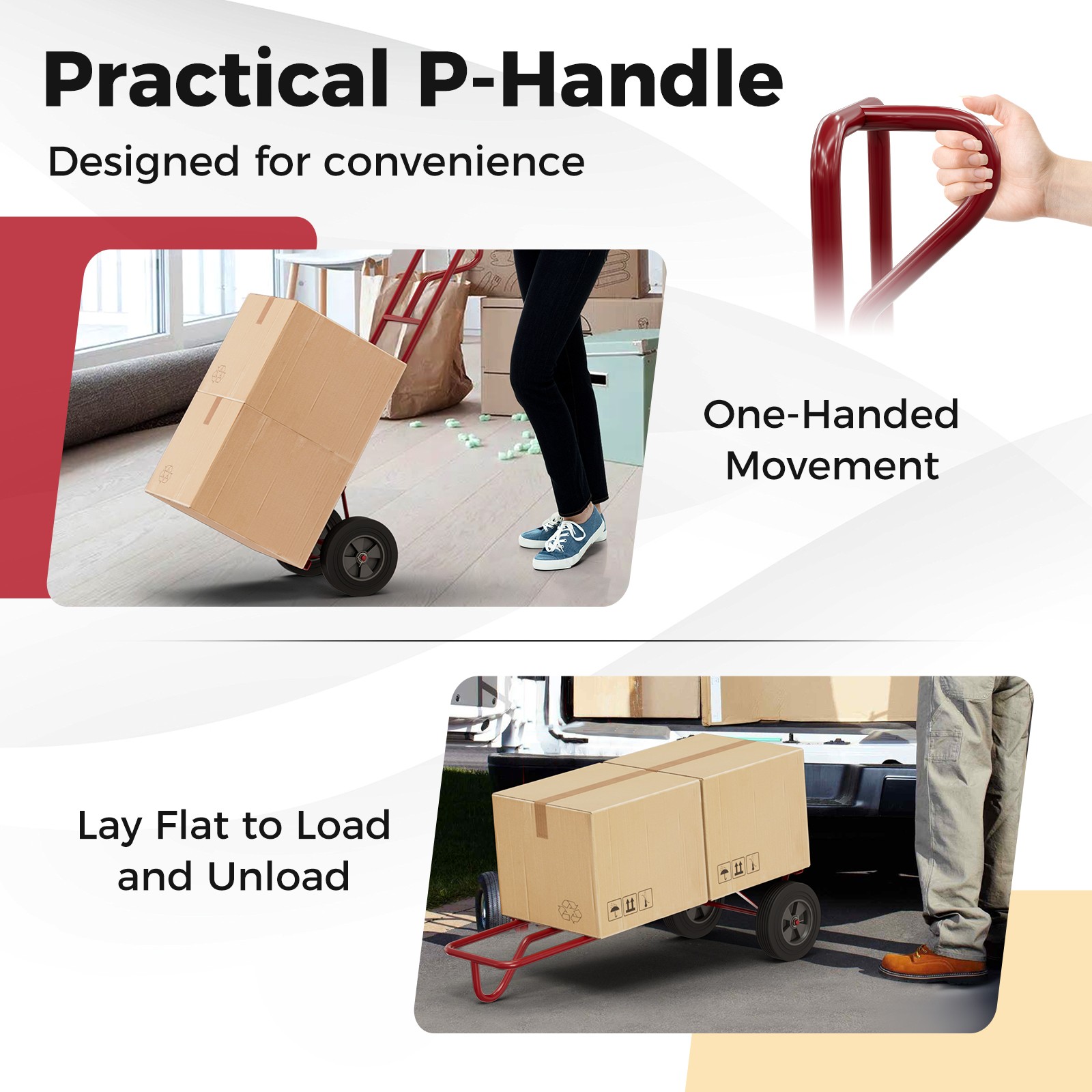 Heavy-Duty Hand Truck with P-Shaped Handle for Home Warehouse Garage Red