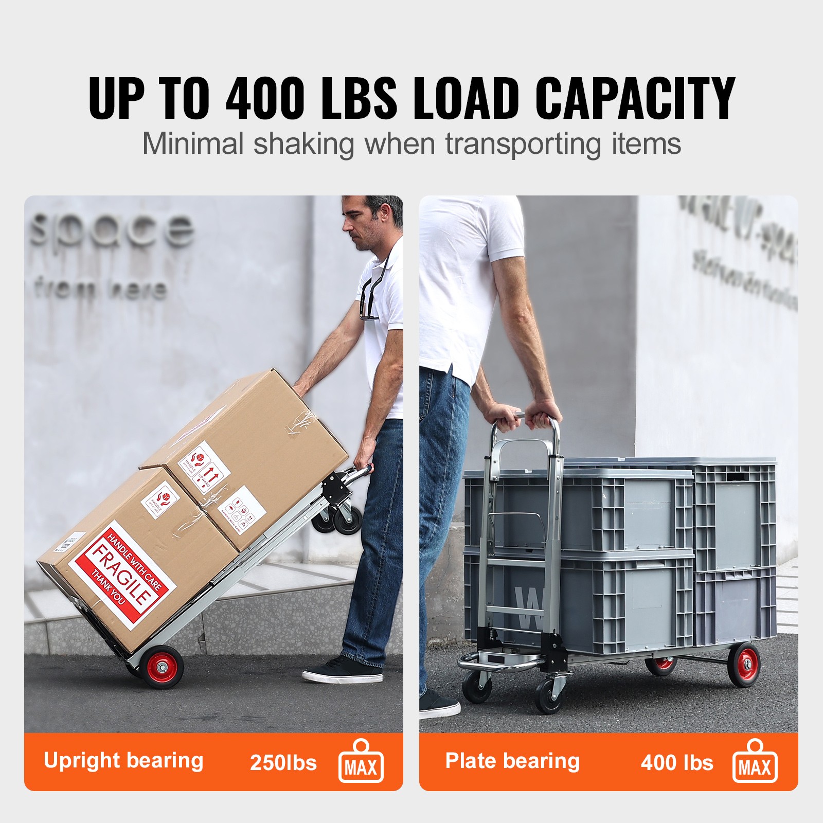 VEVOR Aluminum Hand Truck 2 in 1 Folding Dolly Cart 400 lbs Capacity Heavy Duty