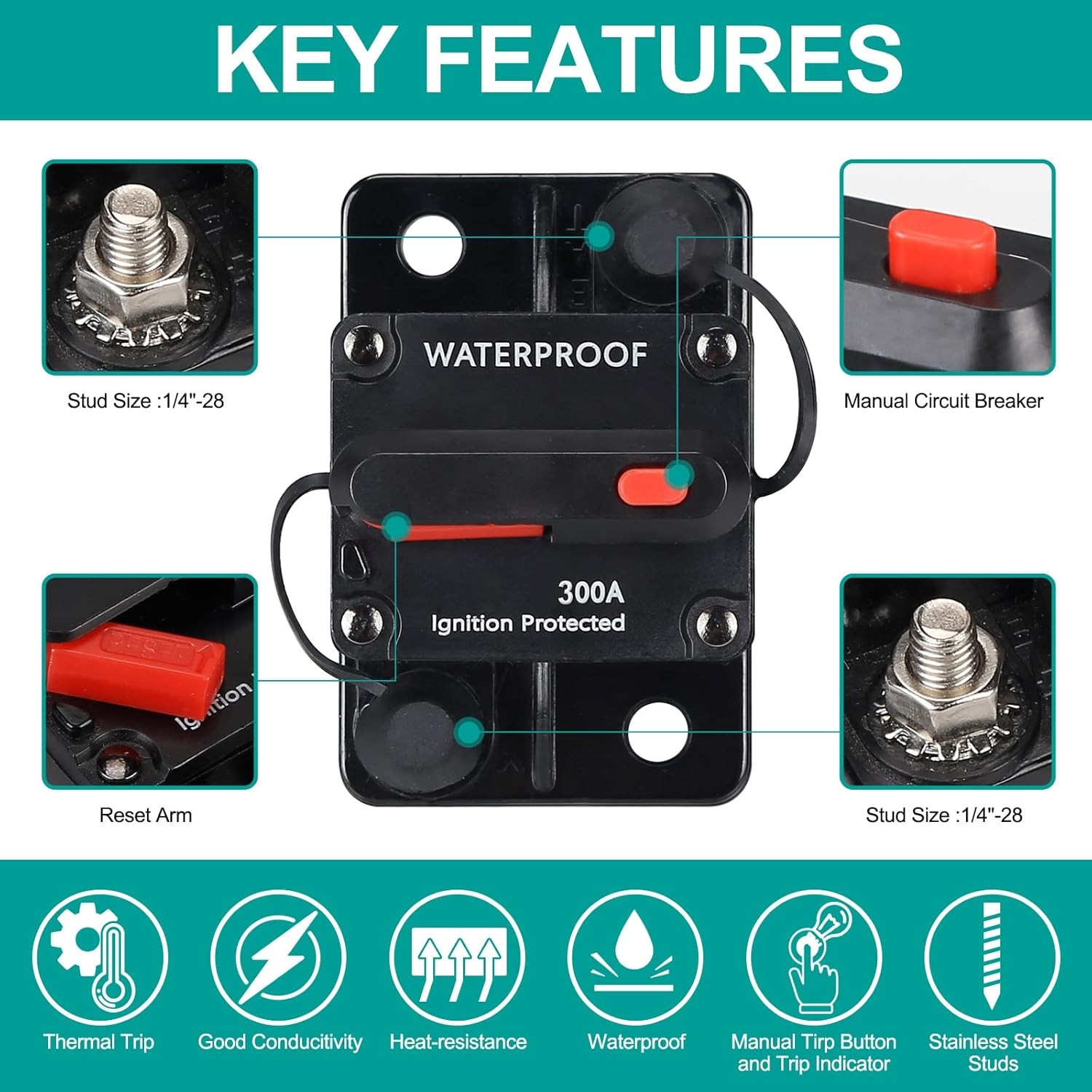 Waterproof Car Circuit Breaker Fuse Reset 30-300 Amp 12V-48V DC Car Boat Auto