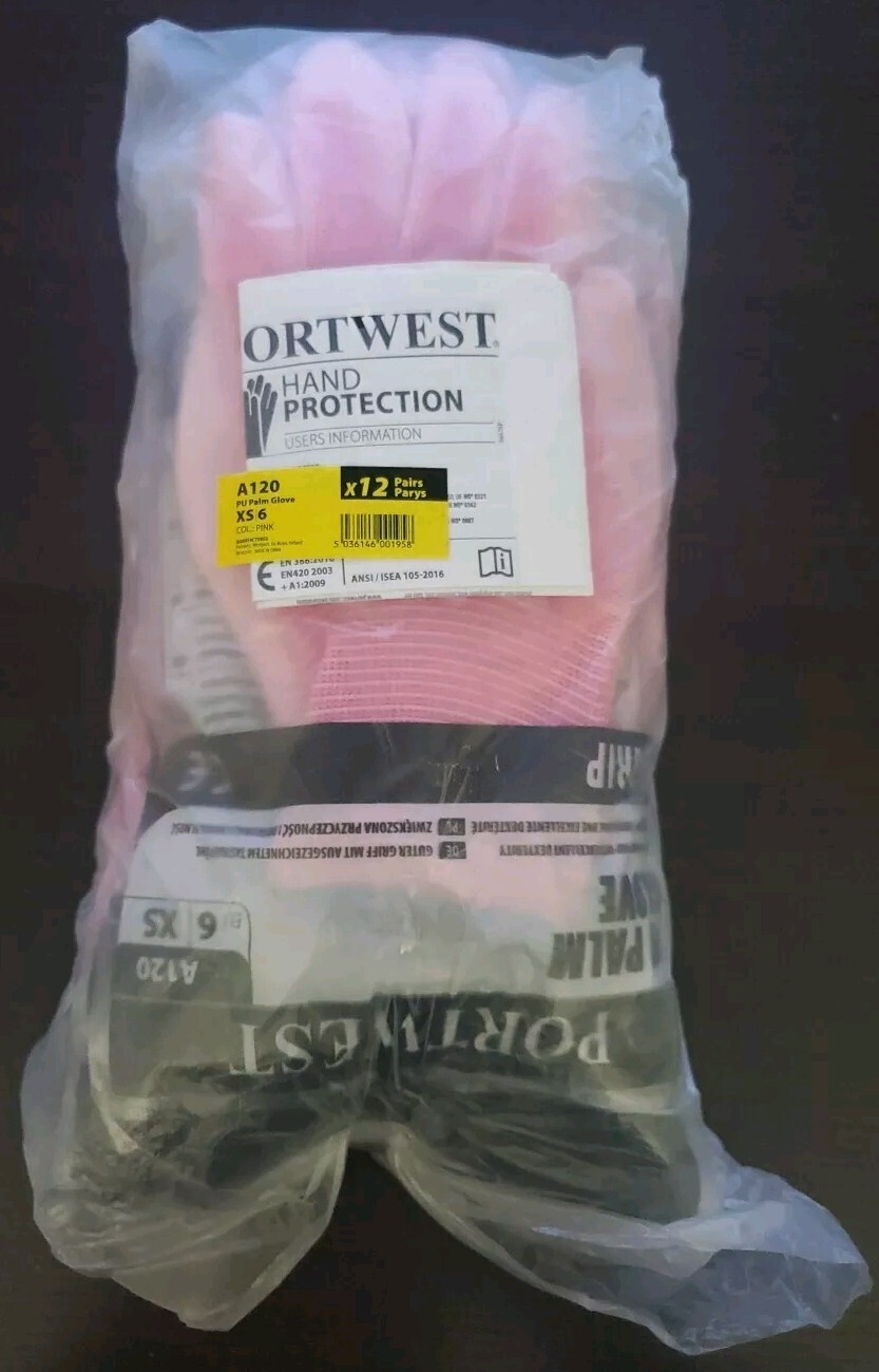 12 Pack Portwest A120 PU Palm Glove Pink XS /6 EN388 ANSI A1 Cut 3131X CE CAT II