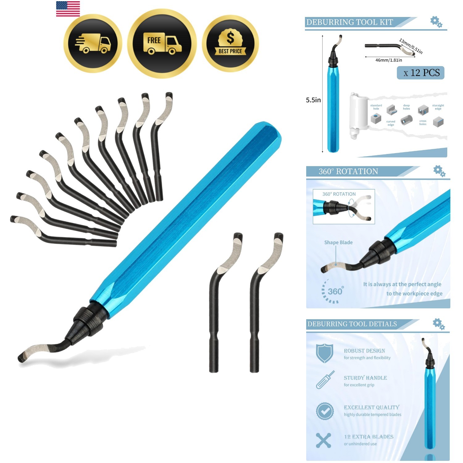 Deburring Tool with 12 HSS Blades for Metal Plastic PVC Pipe 3D Printing Blue