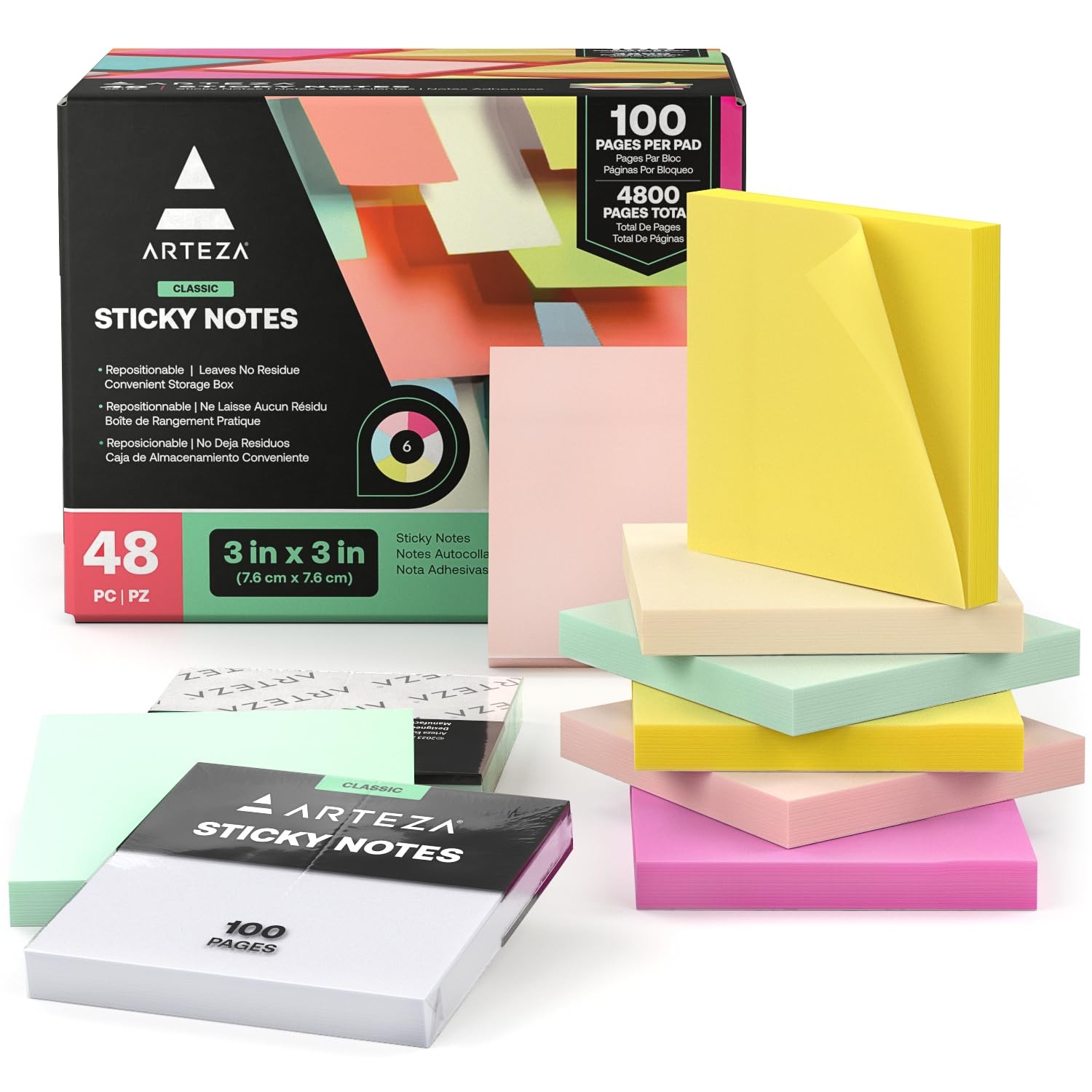 ARTEZA Sticky Notes 3×3 Inches, 48 Sticky Pads, Bulk Sticky Note Pads, Assorted