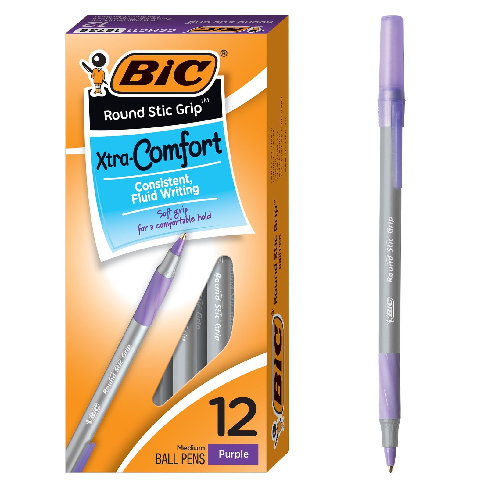 BIC Round Stic Grip Xtra Comfort Fashion Ball 12 Count (Pack of 1), Purple