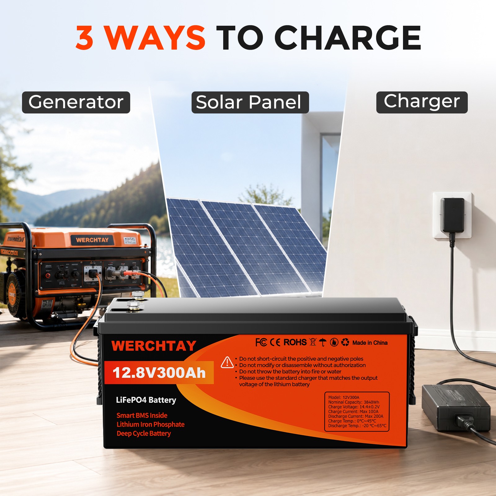 WERCHTAY 12V 300Ah LiFePO4 Battery Deep Cycles 3840Wh 200A BMS for RV Solar Boat