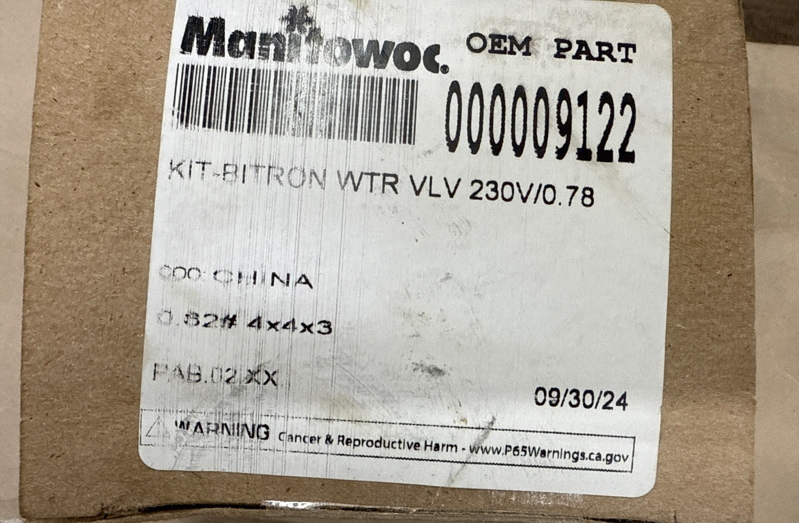 Manitowoc 000009122 Replacement 230V Water Inlet Valve Kit