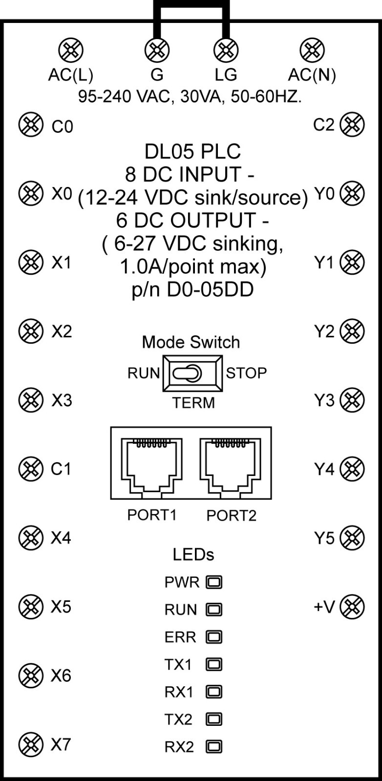 AutomationDirect D0-05DD DirectLogic PLC, 100-240VAC pwr, 8 DC ins, 6 DC outs.