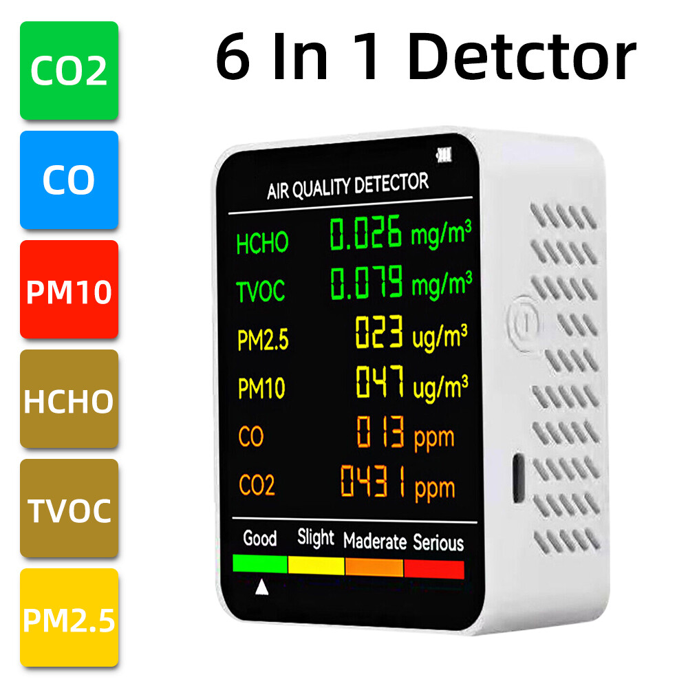 6 in 1 Air Quality Monitor PM CO2 Meter Carbon Dioxide Level TVOC HCHO Detector