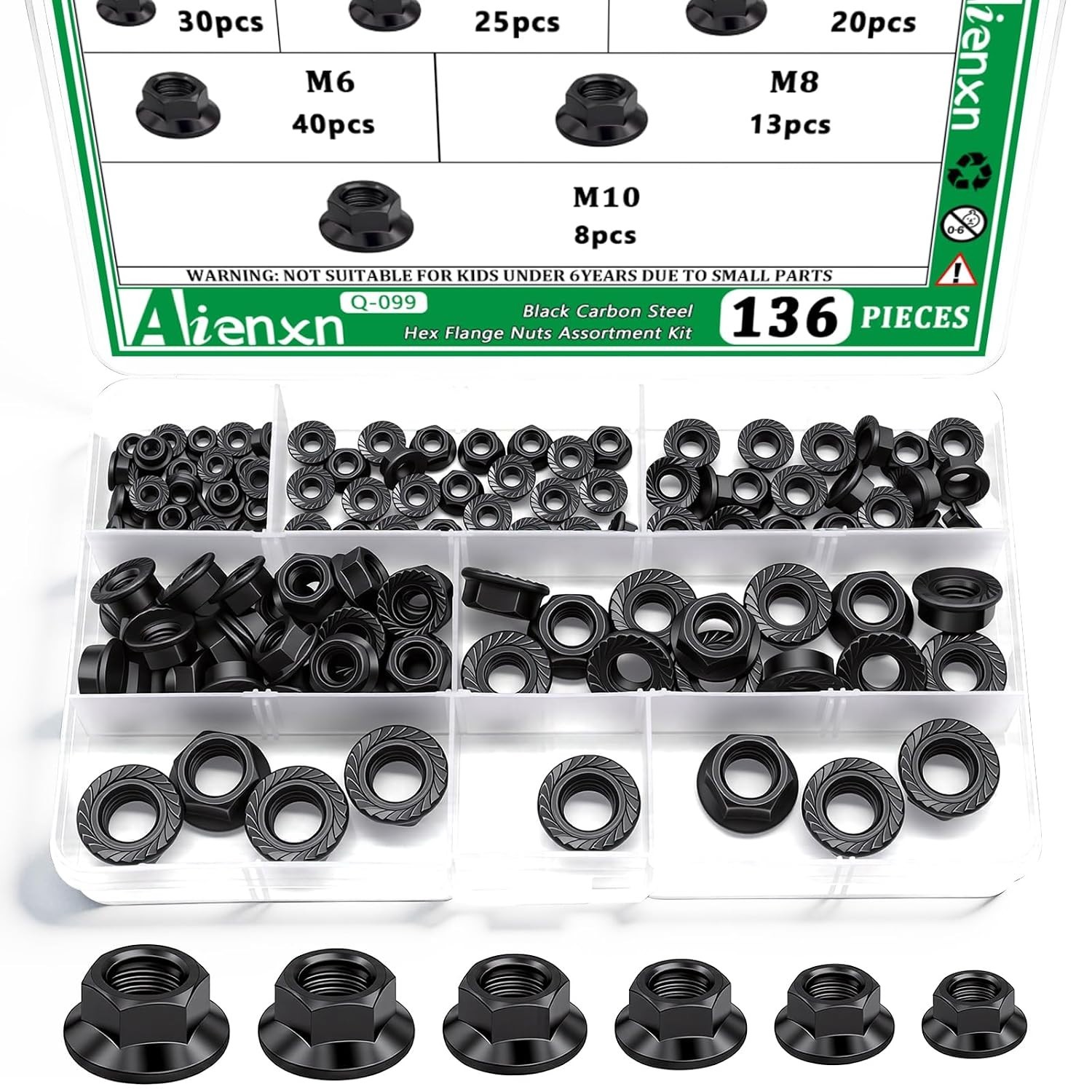 136PCS 6 Metric Sizes Black Carbon Steel Hex Flange Nuts Assortment Kit -M3, …