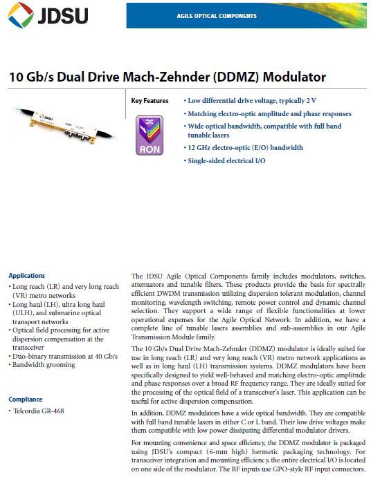 JDSU 10020425 OC-192 Optical Modulator 10Gbs EOM Mach-Zehnder Intensity PM Fiber