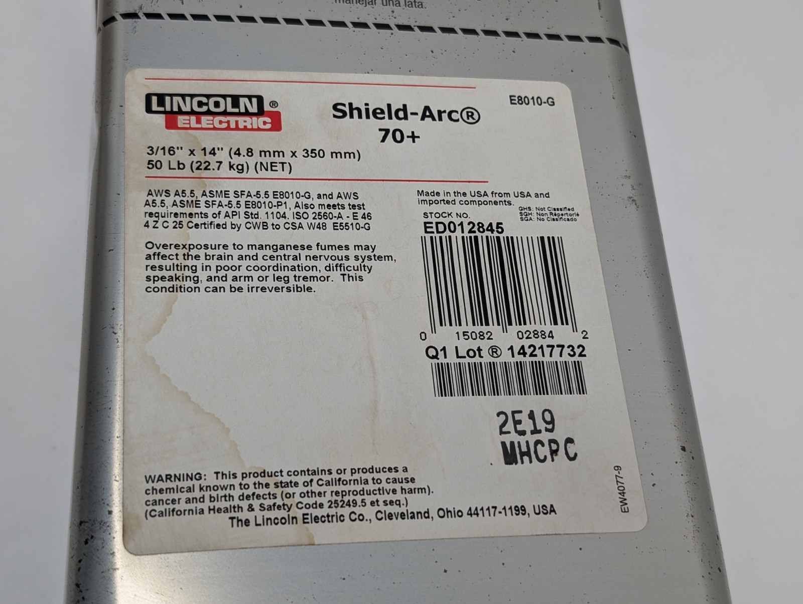50 Lb LINCOLN ELECTRIC Shield Arc 70+ 3/16” x 14” E8010-G (NEW).