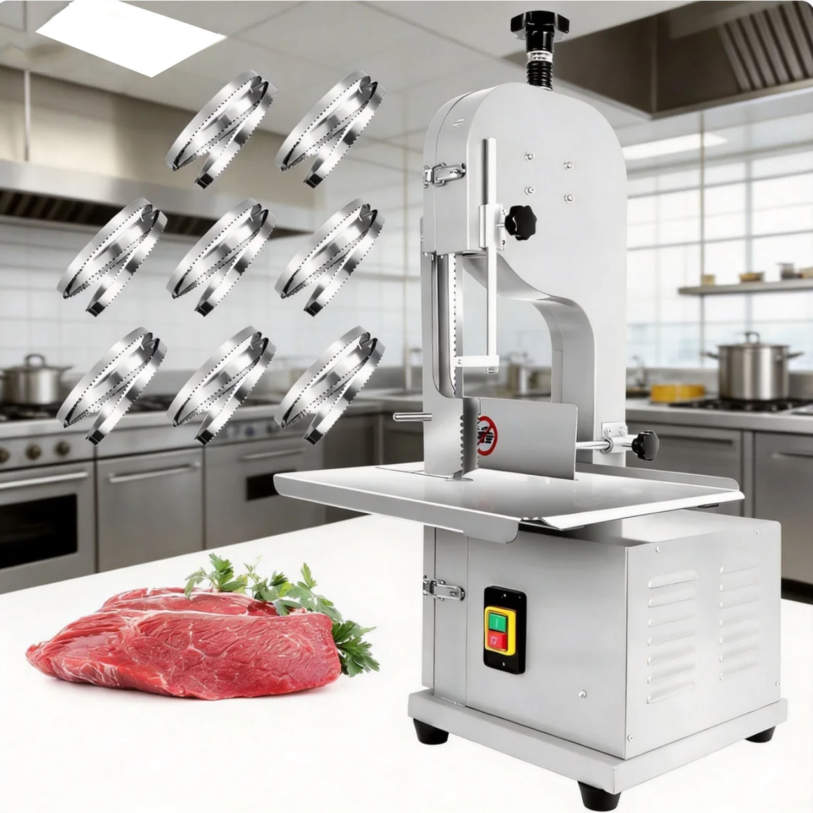 Electric Meat Bone BandSaw Machine 2500W Frozen Meat Slicer Cutter w/ 8 Blades