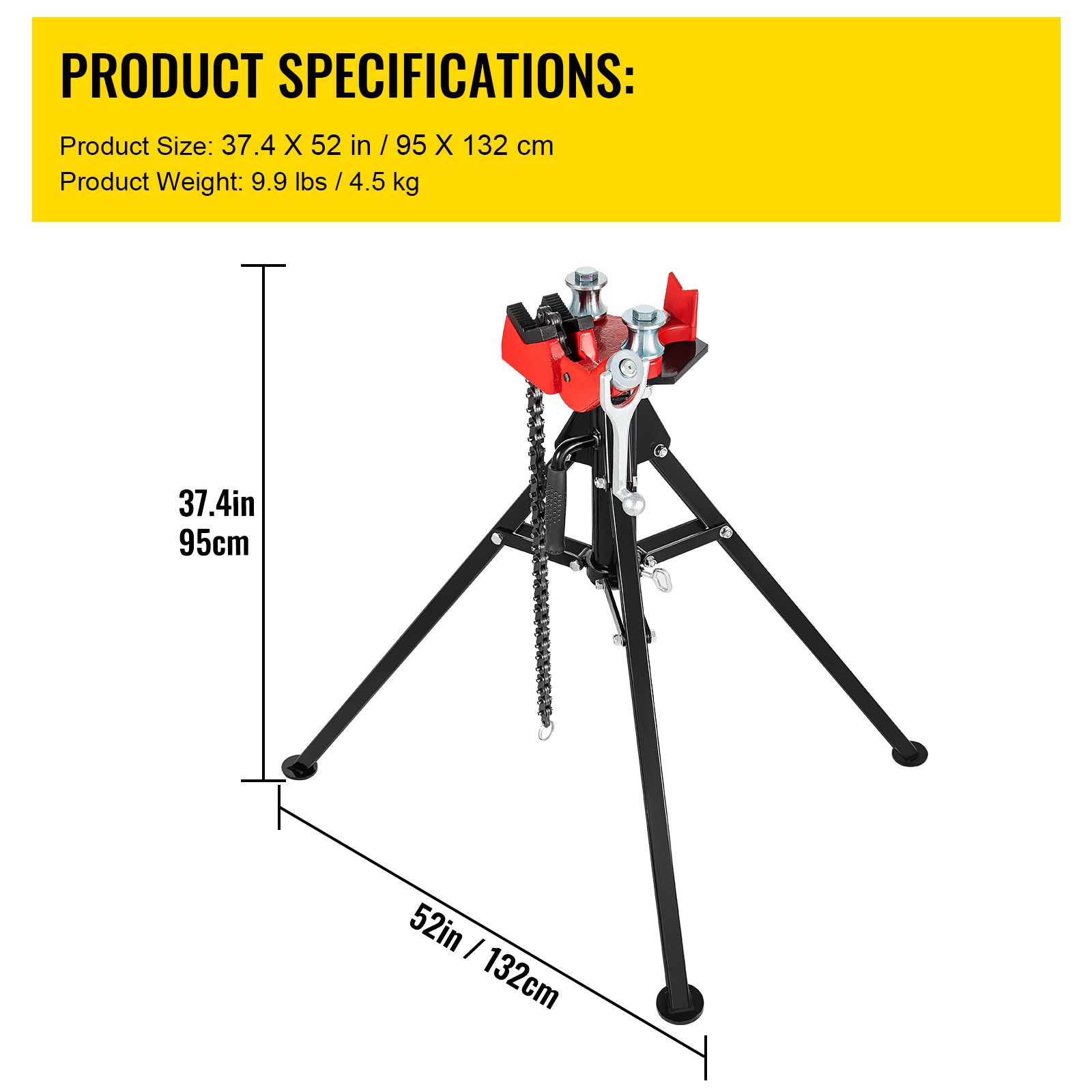 VEVOR Tripod Pipe Chain Vise 1/8″-5″ Capacity Folding Legs W/ Harden Teeth&Chain