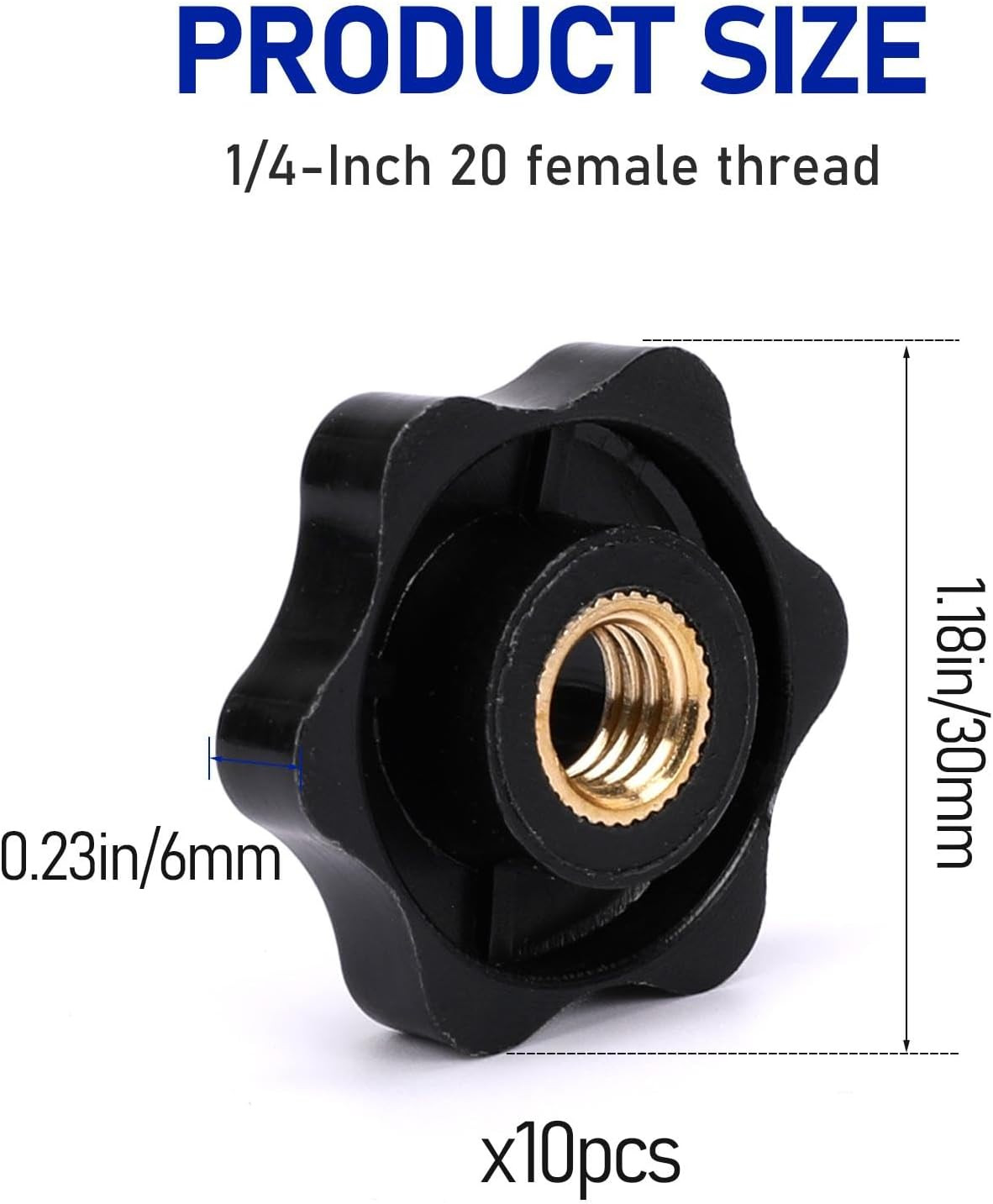 10 Pack 6 Star Knobs 1/4 Inch 20 Female Threaded Hexagon Head Thru Knob Clamping