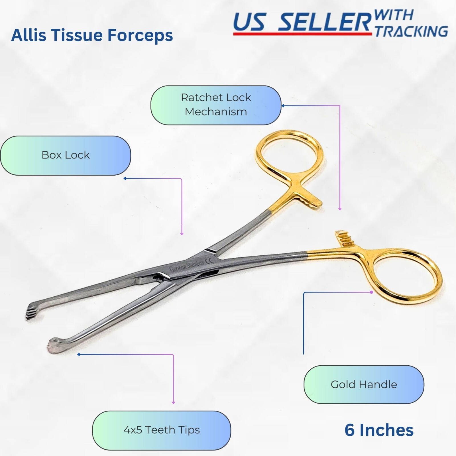 Allis Tissue Forceps 6″ 4X5 Teeth Stainless Surgical Instruments – Gold Handle