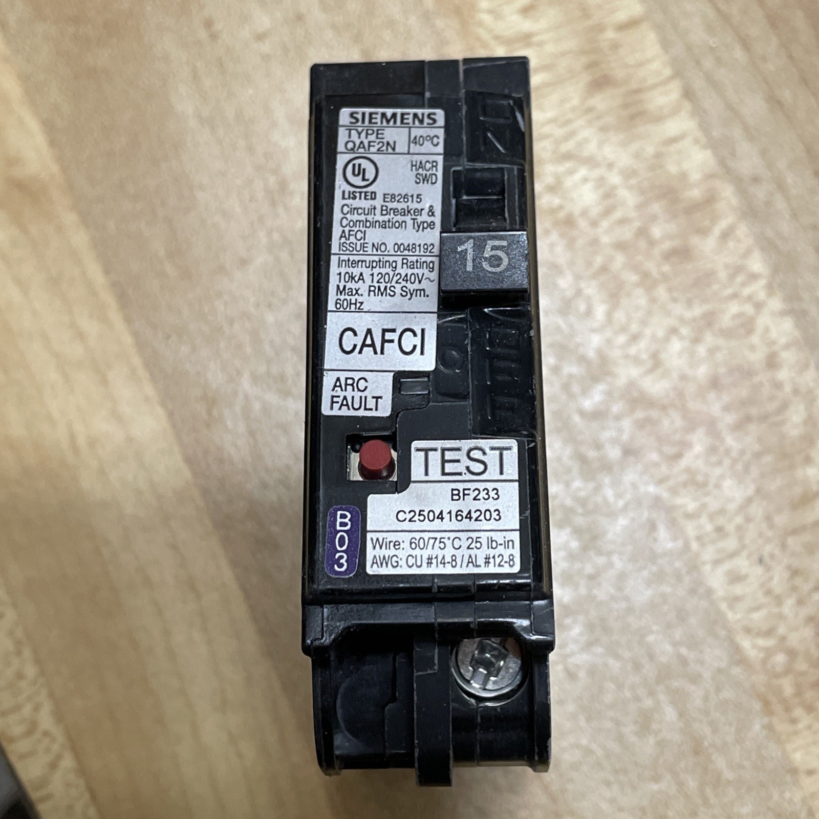 SIEMENS QA115AFCN ARC FAULT CIRCUIT BREAKER TYPE AFCI 15 AMP 1 POLE